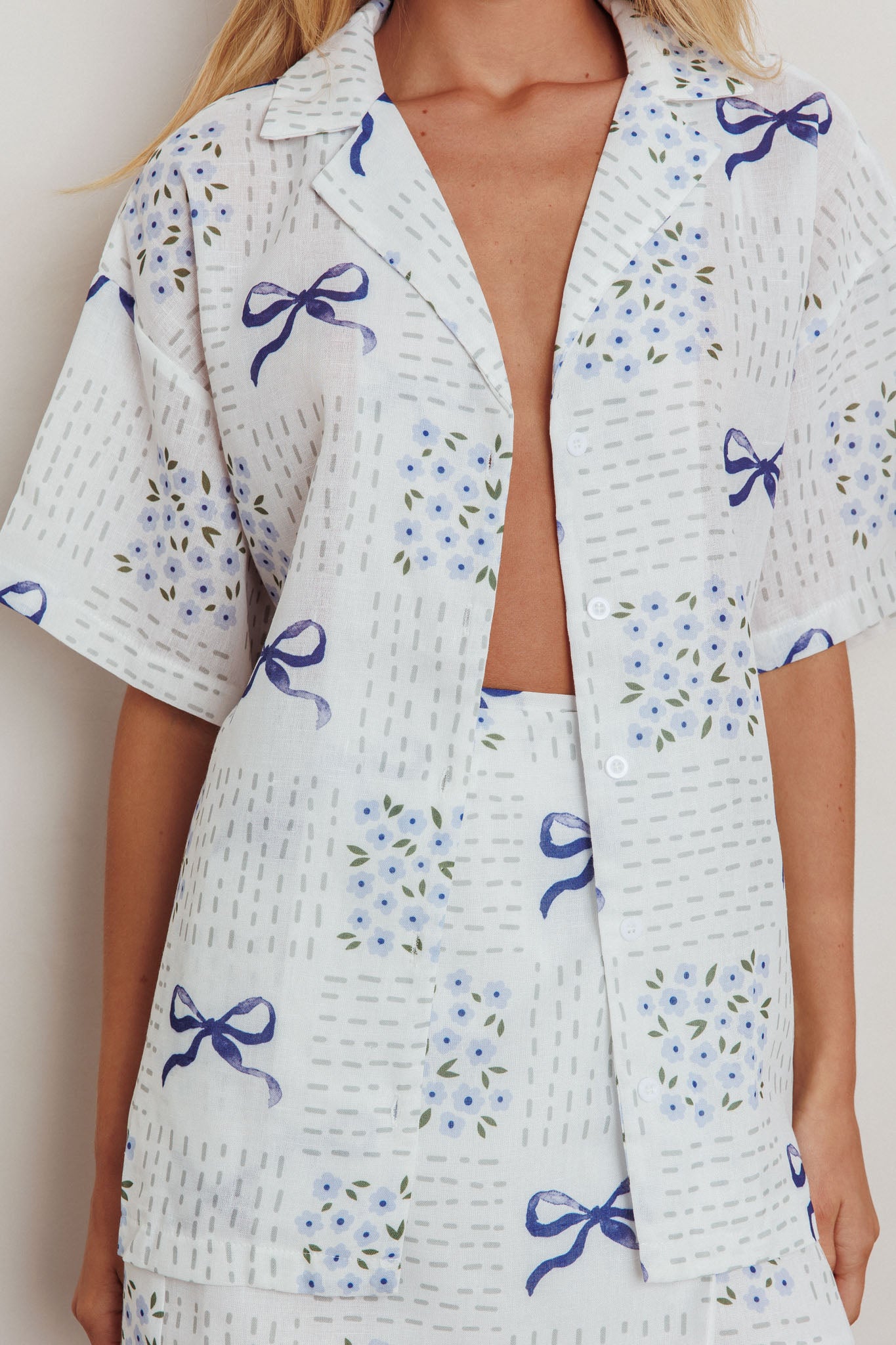 Ithaca Short Sleeve Button Shirt Bow Print Blue by Selfie Leslie