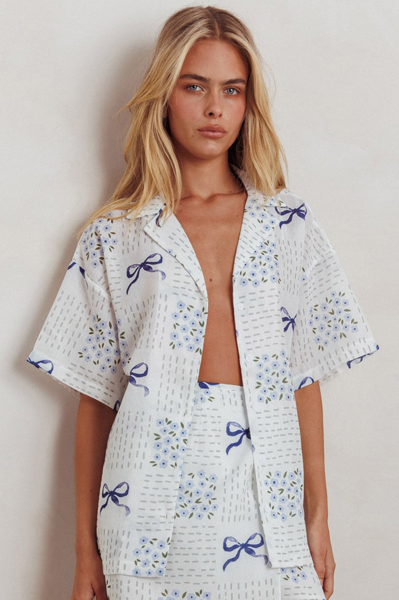 Ithaca Short Sleeve Button Shirt Bow Print Blue by Selfie Leslie