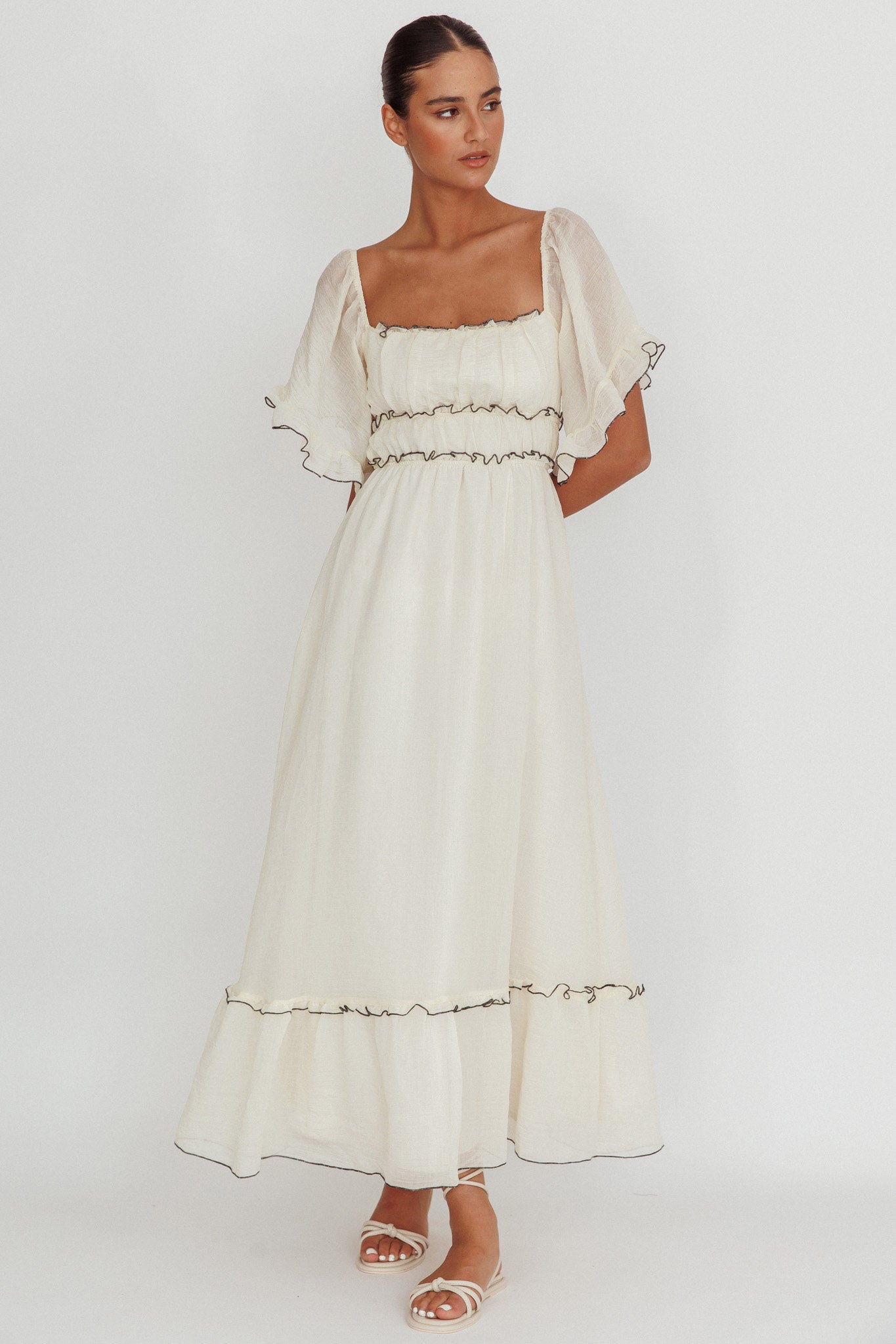 Kathlene Flutter Sleeves Maxi Dress Cream by Selfie Leslie