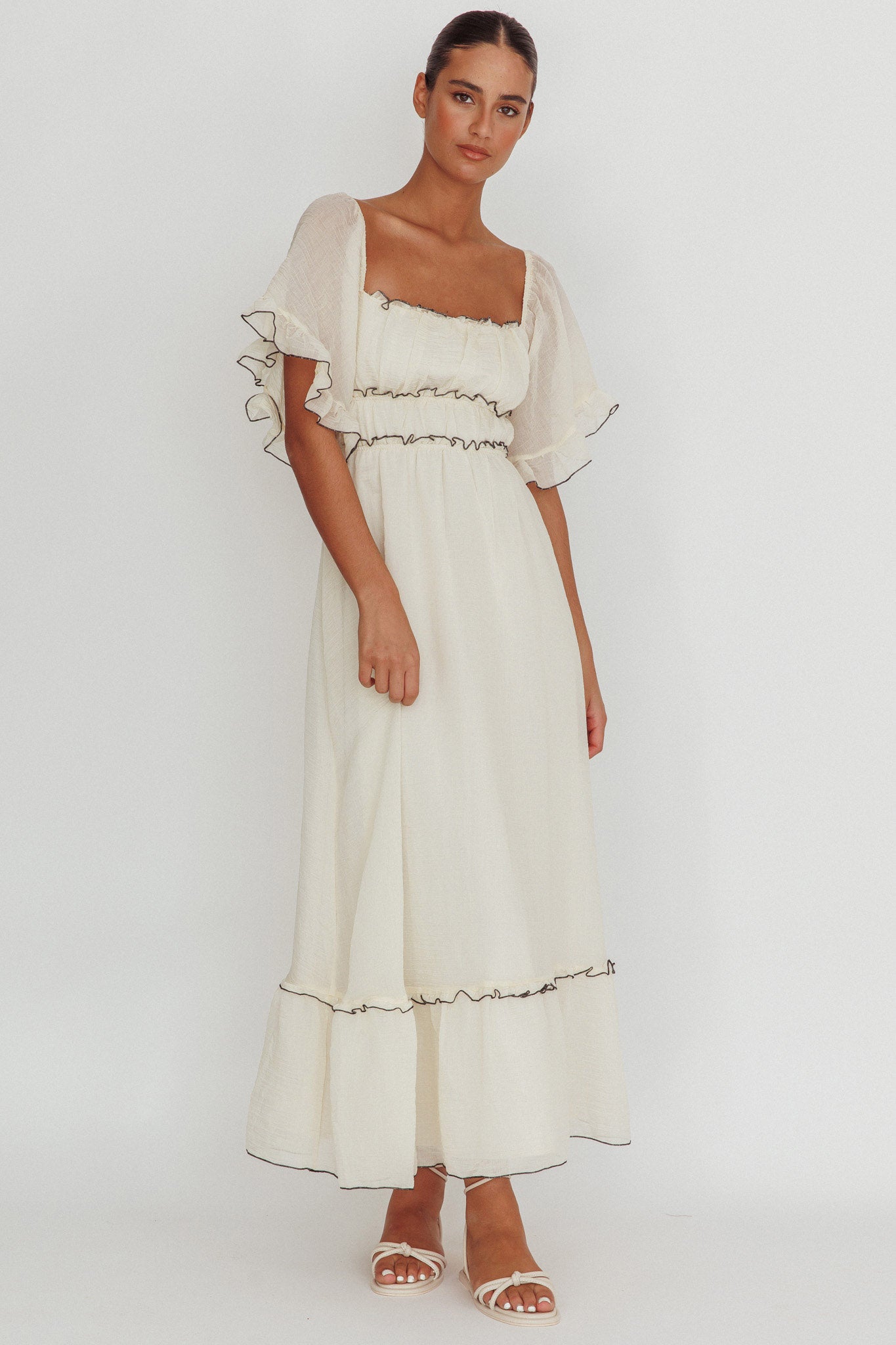 Kathlene Flutter Sleeves Maxi Dress Cream by Selfie Leslie