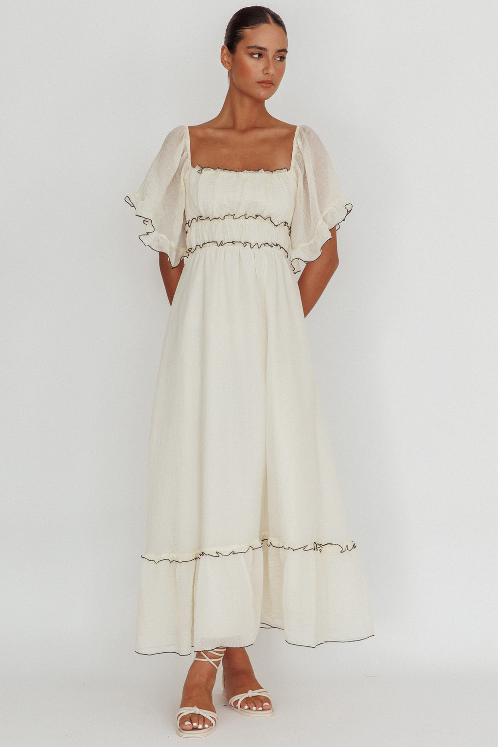 Kathlene Flutter Sleeves Maxi Dress Cream by Selfie Leslie
