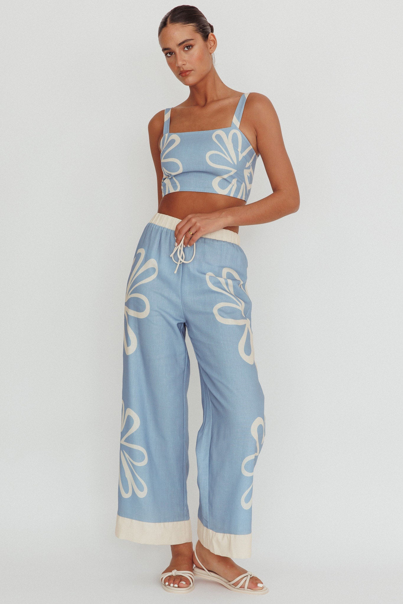 Briar Floral Wide Leg Pants Beige Blue by Selfie Leslie