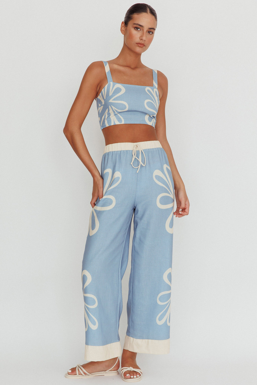 Briar Floral Wide Leg Pants Beige Blue by Selfie Leslie