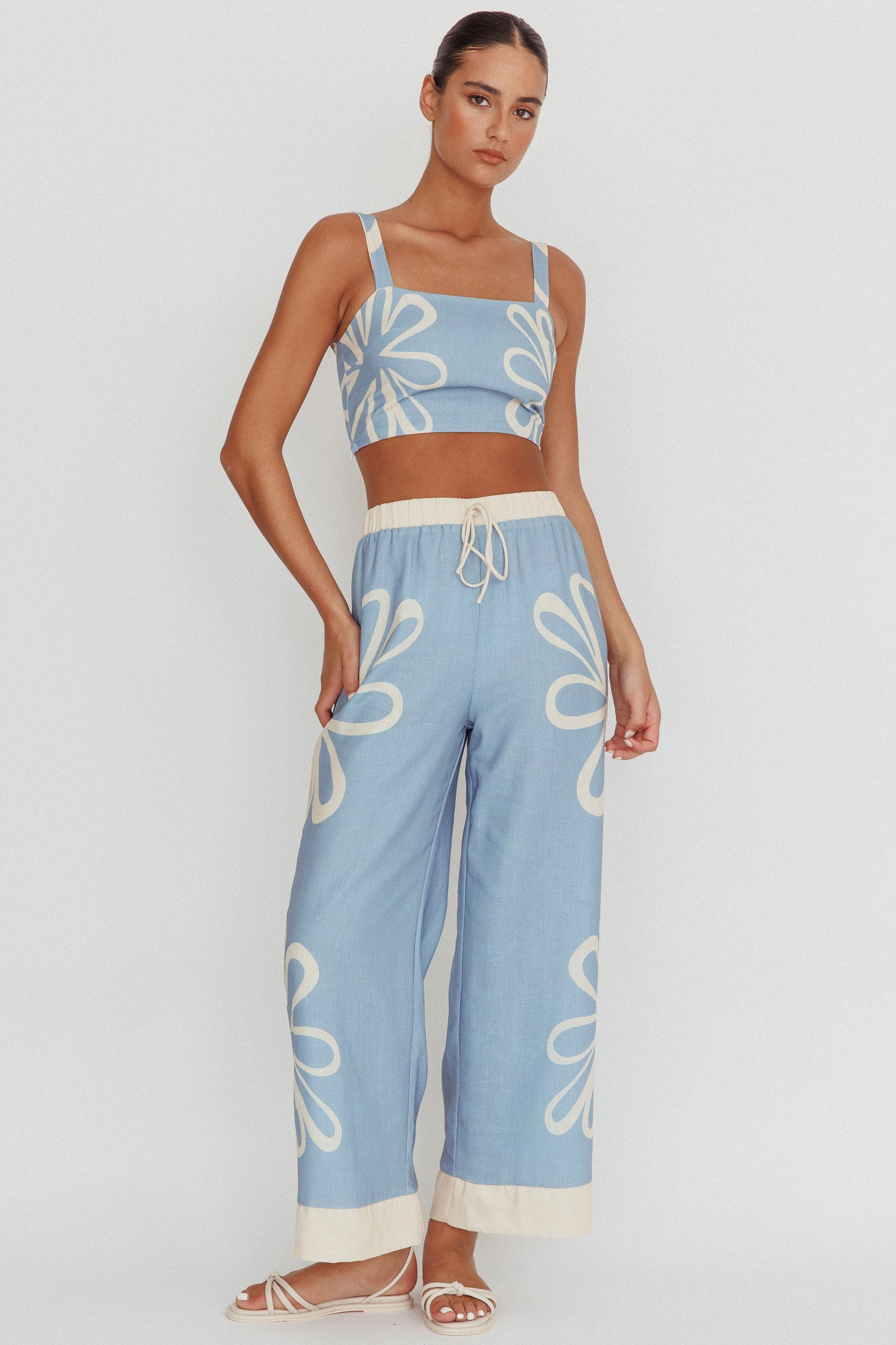 Briar Floral Wide Leg Pants Beige Blue by Selfie Leslie
