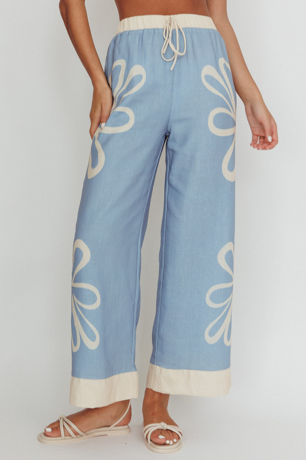Briar Floral Wide Leg Pants Beige Blue by Selfie Leslie