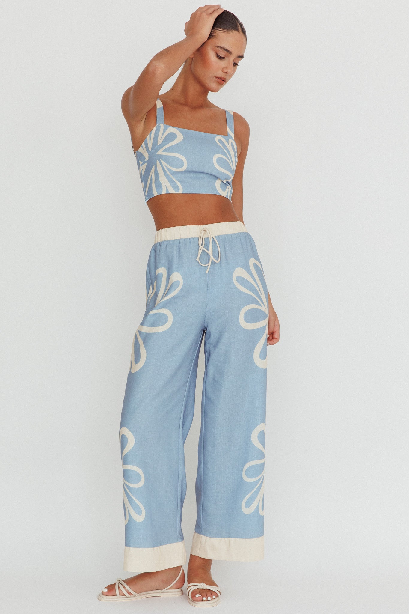 Briar Floral Wide Leg Pants Beige Blue by Selfie Leslie