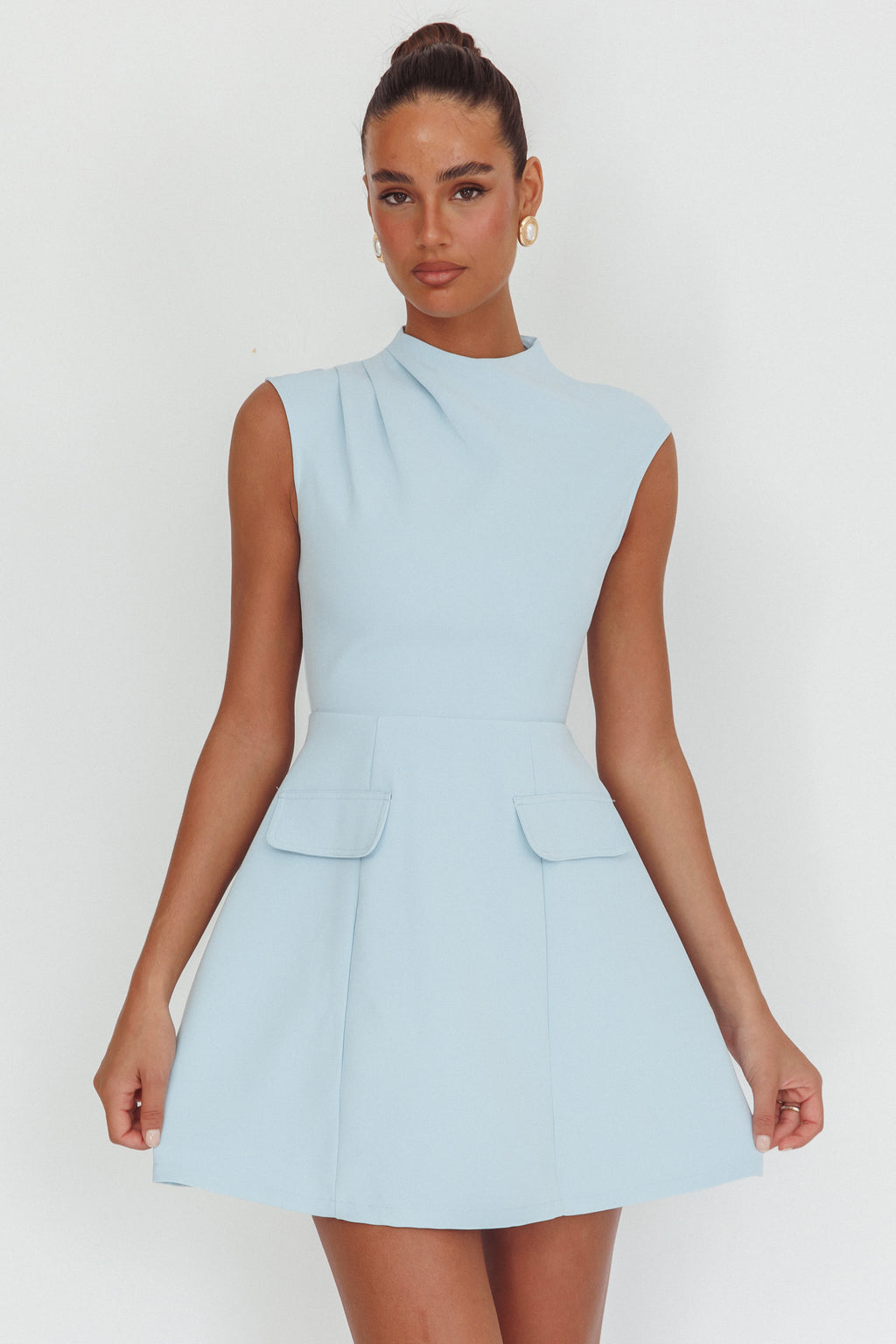 Thandi Pleat Shoulder Faux Pocket Mini Dress Steel Blue by Selfie Leslie