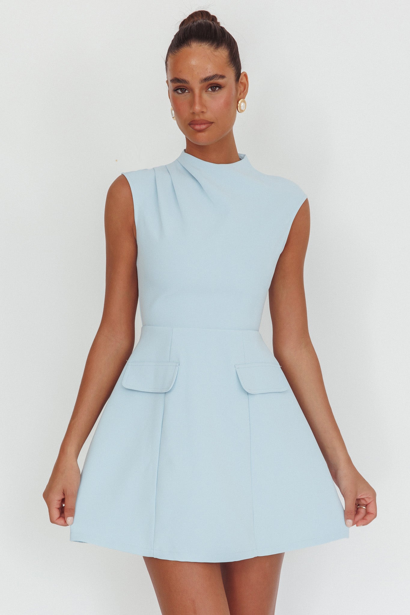 Thandi Pleat Shoulder Faux Pocket Mini Dress Steel Blue by Selfie Leslie