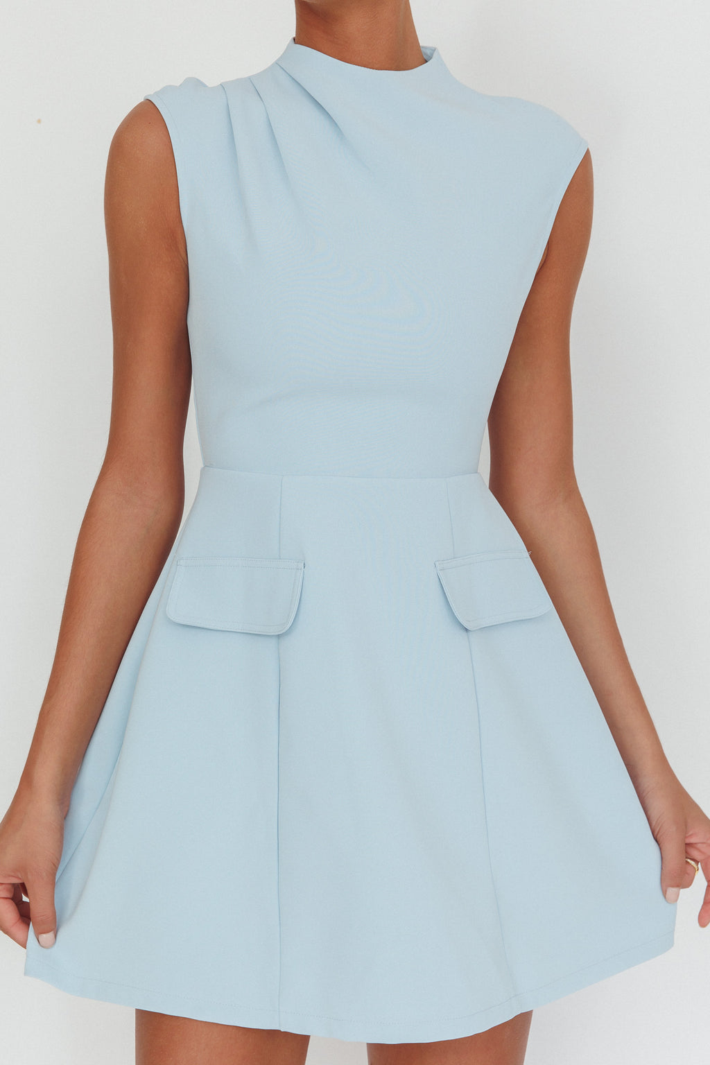 Thandi Pleat Shoulder Faux Pocket Mini Dress Steel Blue by Selfie Leslie
