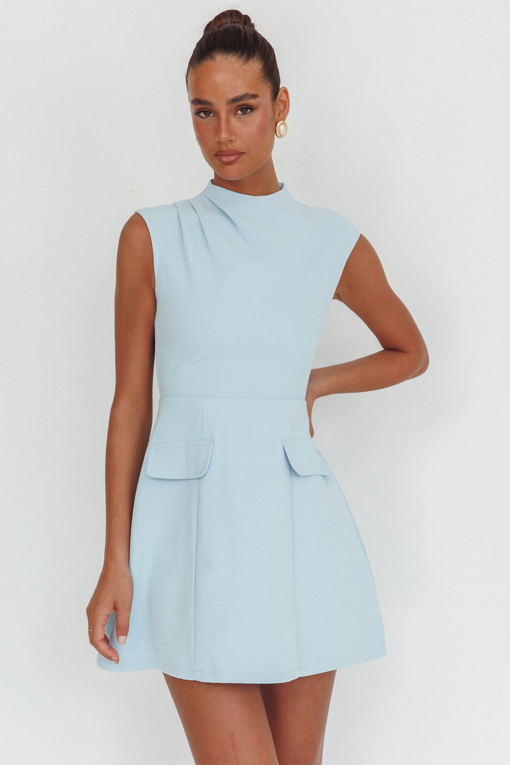 Thandi Pleat Shoulder Faux Pocket Mini Dress Steel Blue by Selfie Leslie