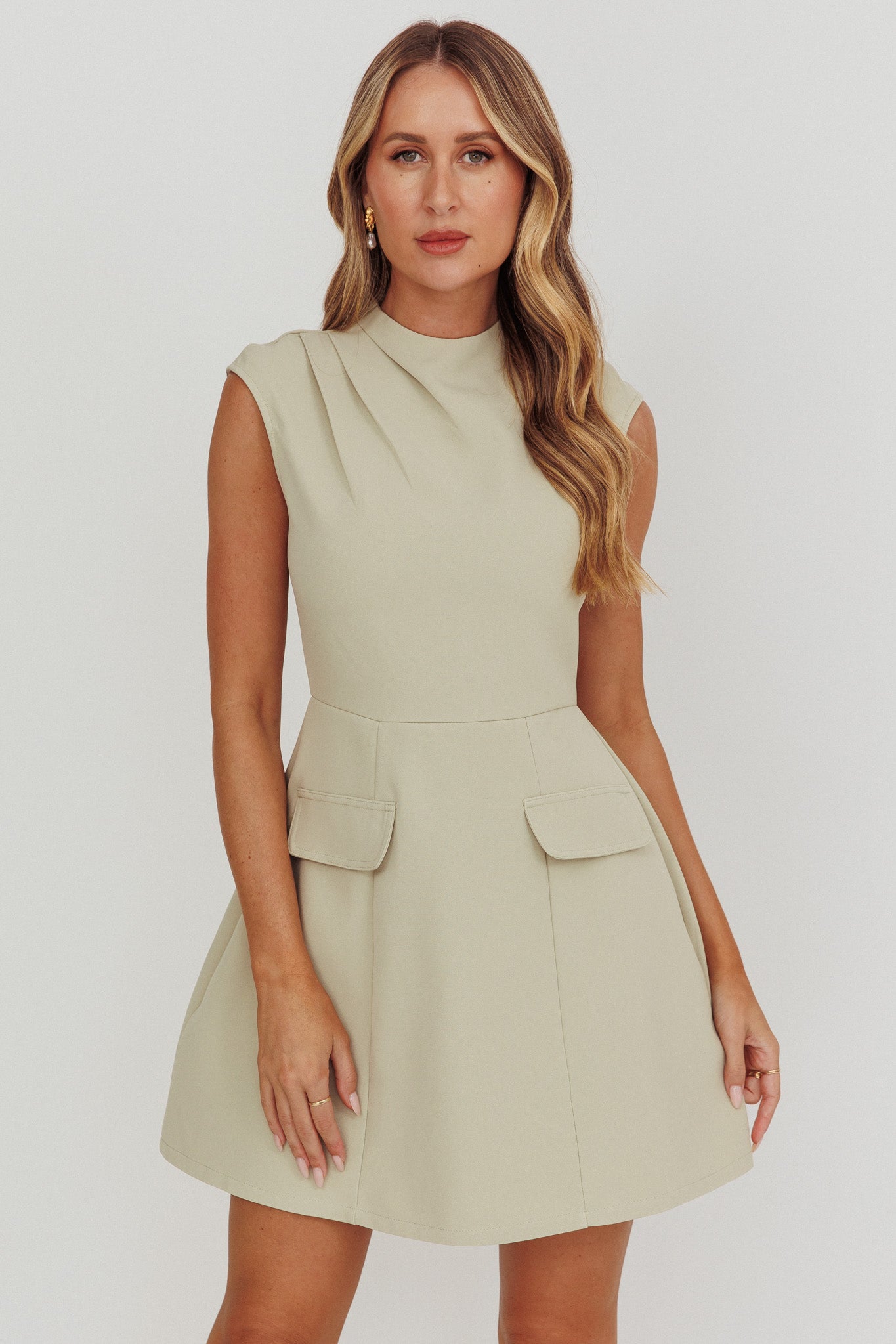 Calenne Long Sleeve Faux Pocket Mini Dress Coffee