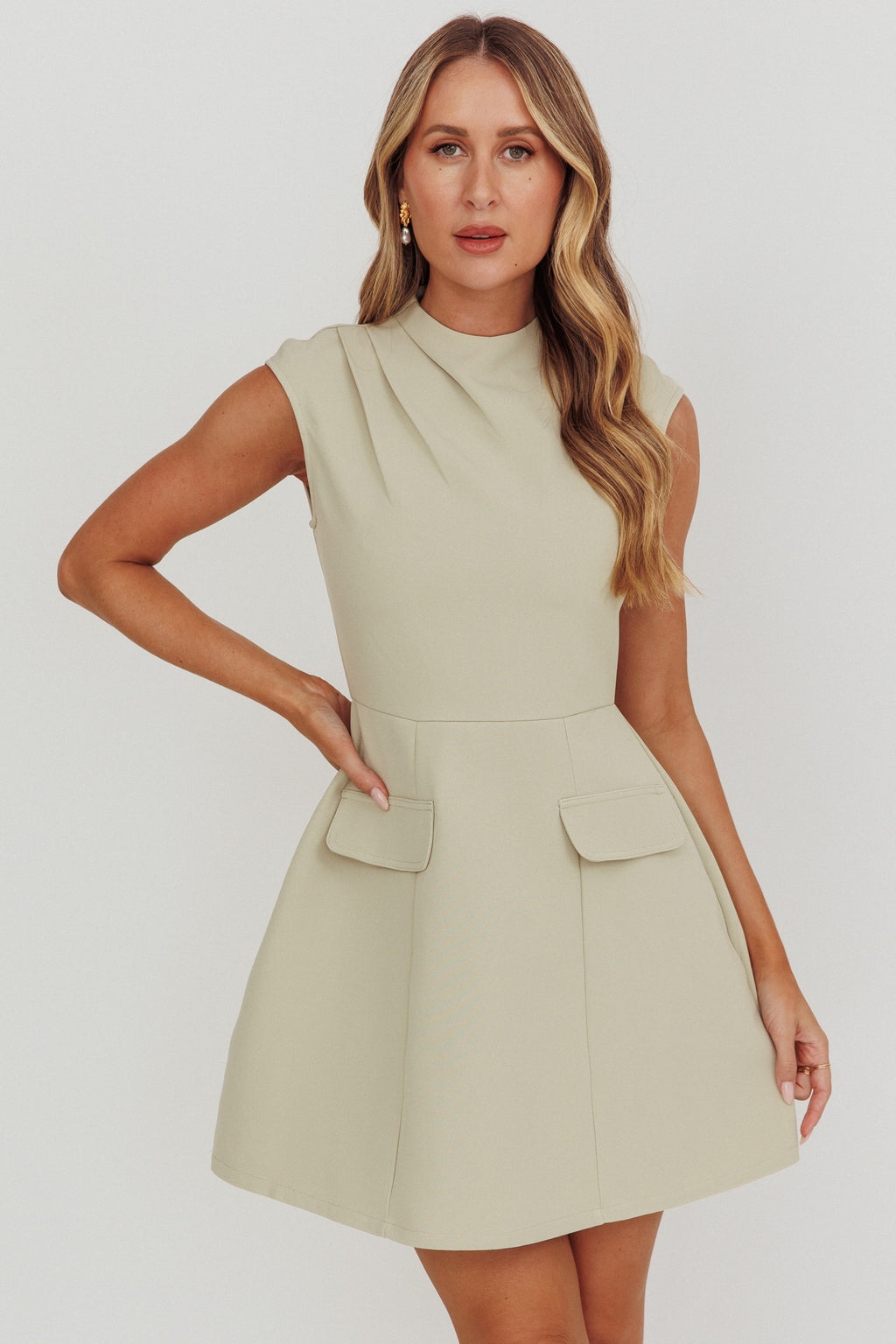 Thandi Pleat Shoulder Faux Pocket Mini Dress Sage by Selfie Leslie