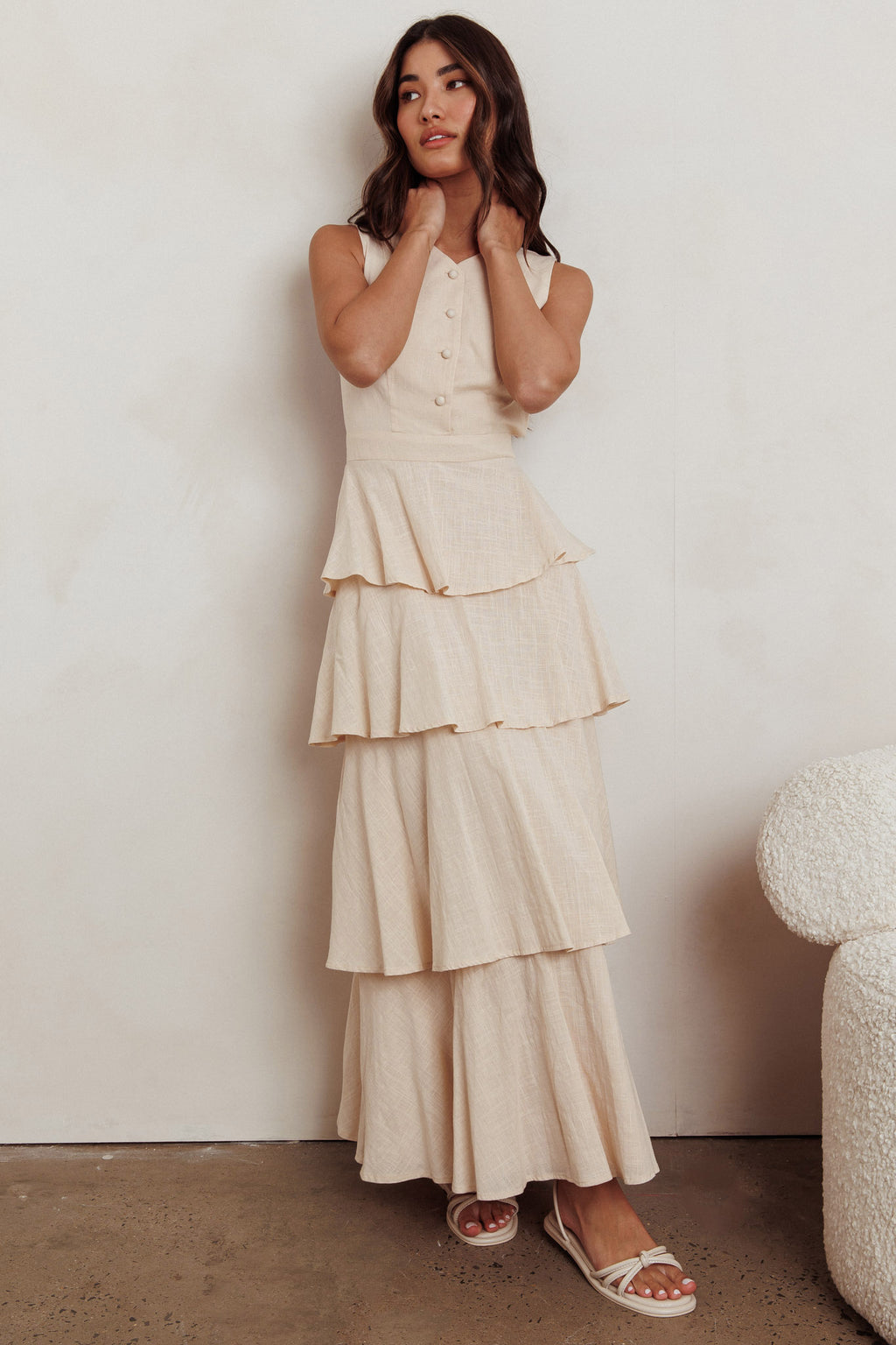 Just Perfect Tiered Ruffle Maxi Dress Oat by Selfie Leslie