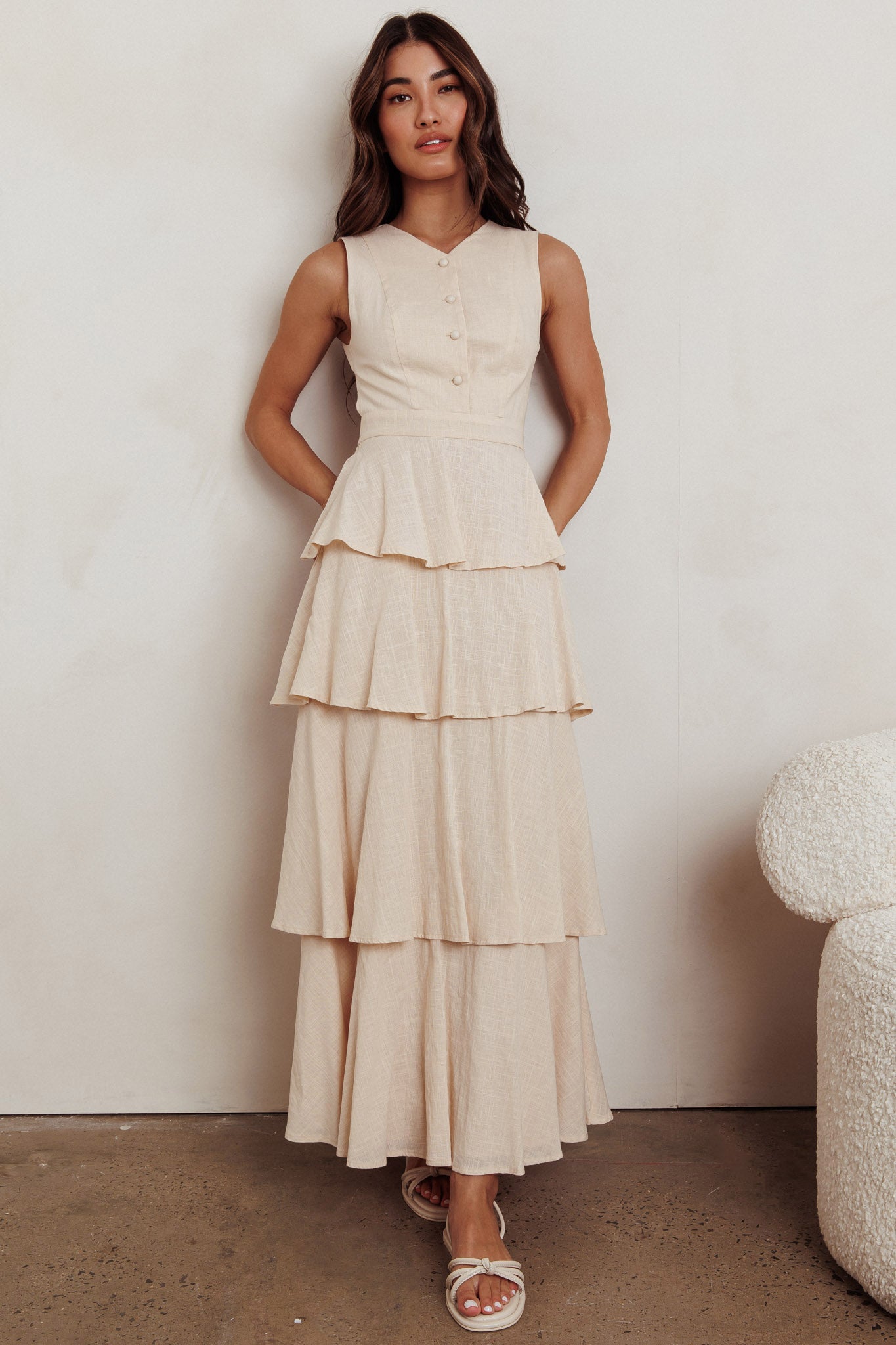 Just Perfect Tiered Ruffle Maxi Dress Oat by Selfie Leslie