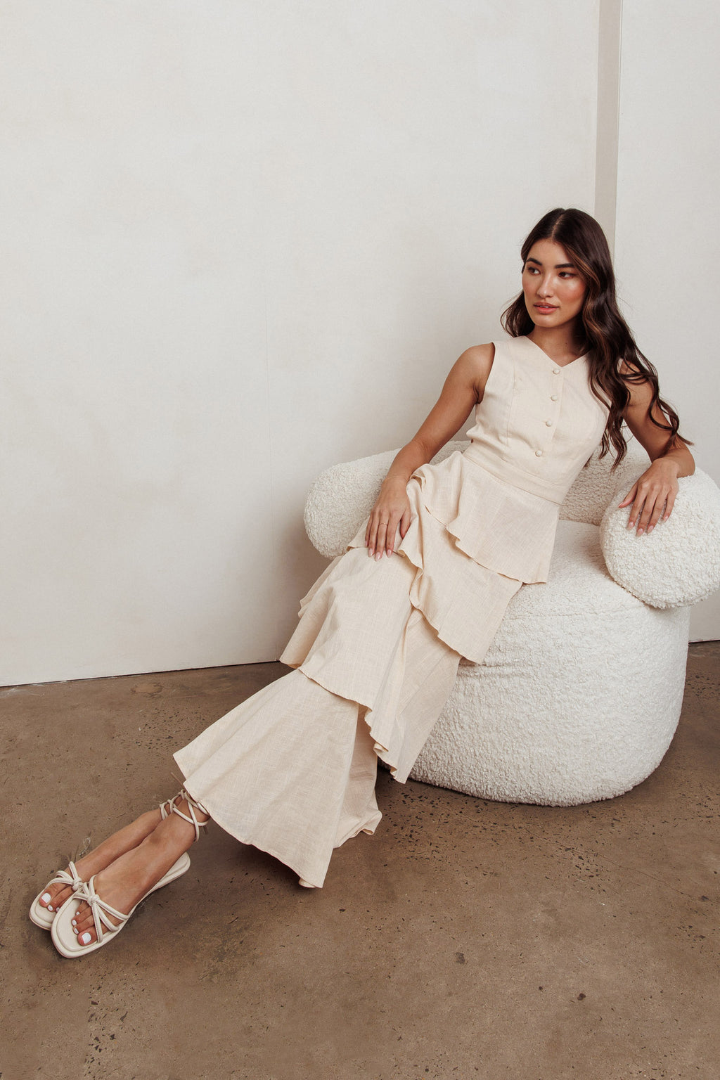 Just Perfect Tiered Ruffle Maxi Dress Oat by Selfie Leslie