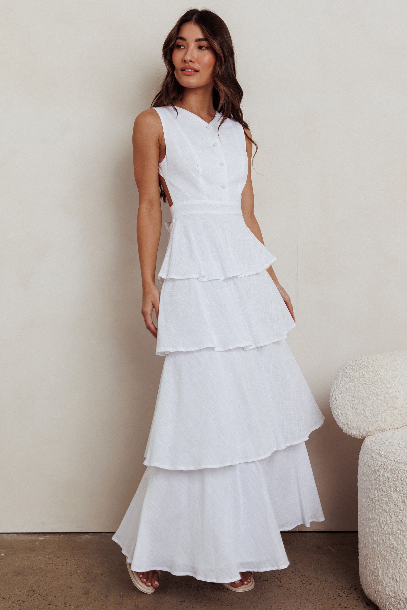 tiered white maxi dress Ivory Ruched Sleeveless Bust 34 Mollie Tiered Maxi Dress in