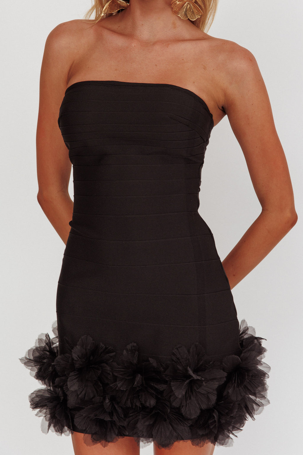 Leni Strapless Embellished Hem Mini Dress Black by Selfie Leslie
