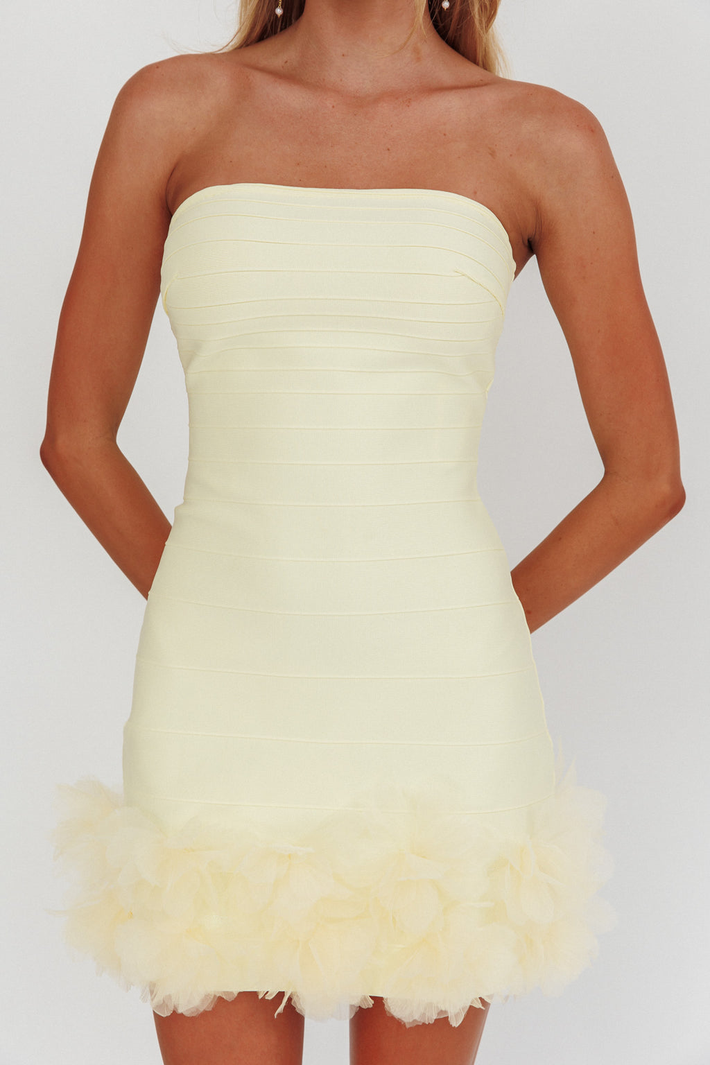 Leni Strapless Embellished Hem Mini Dress Lemon by Selfie Leslie