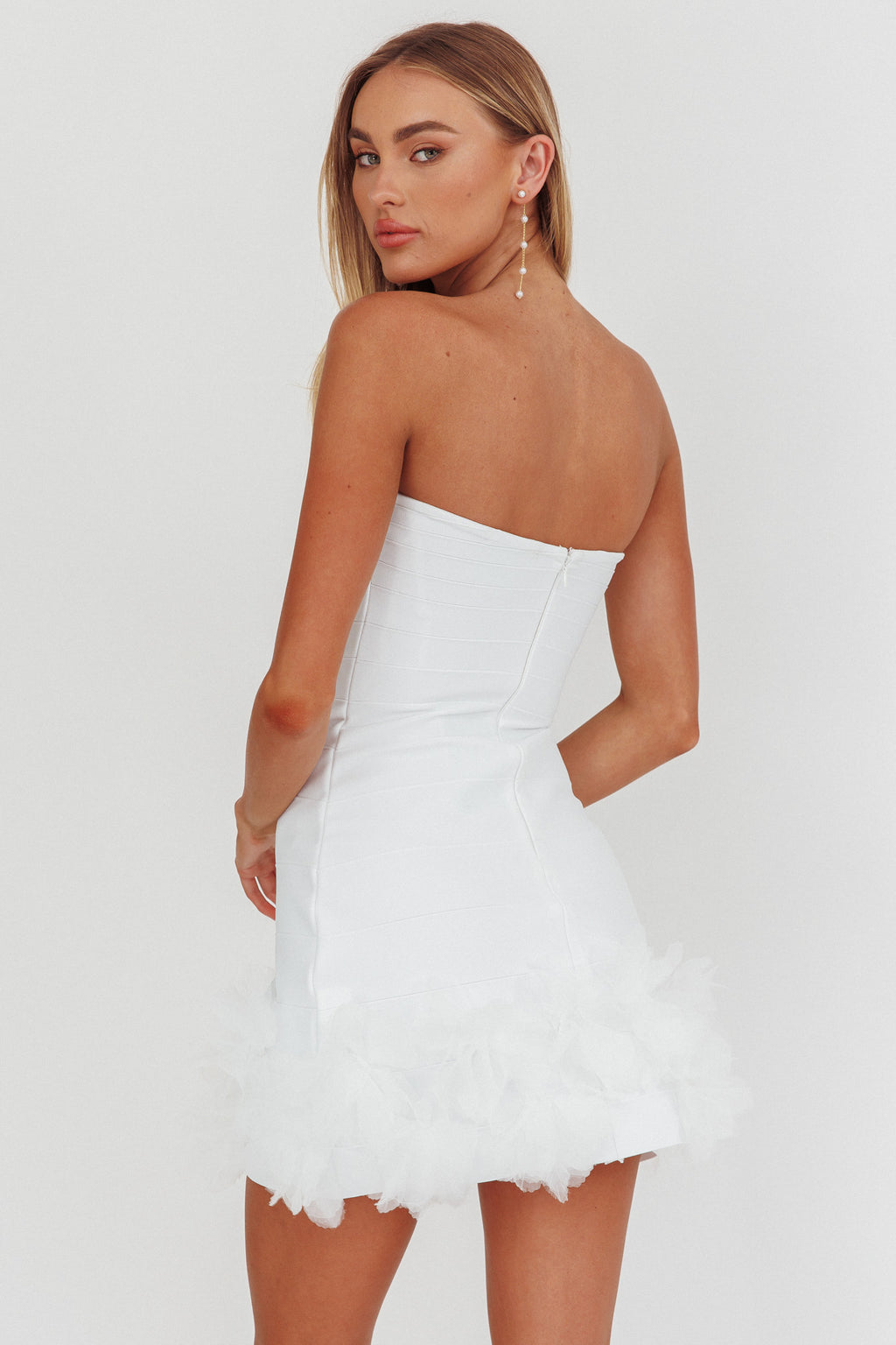 Leni Strapless Embellished Hem Mini Dress White by Selfie Leslie