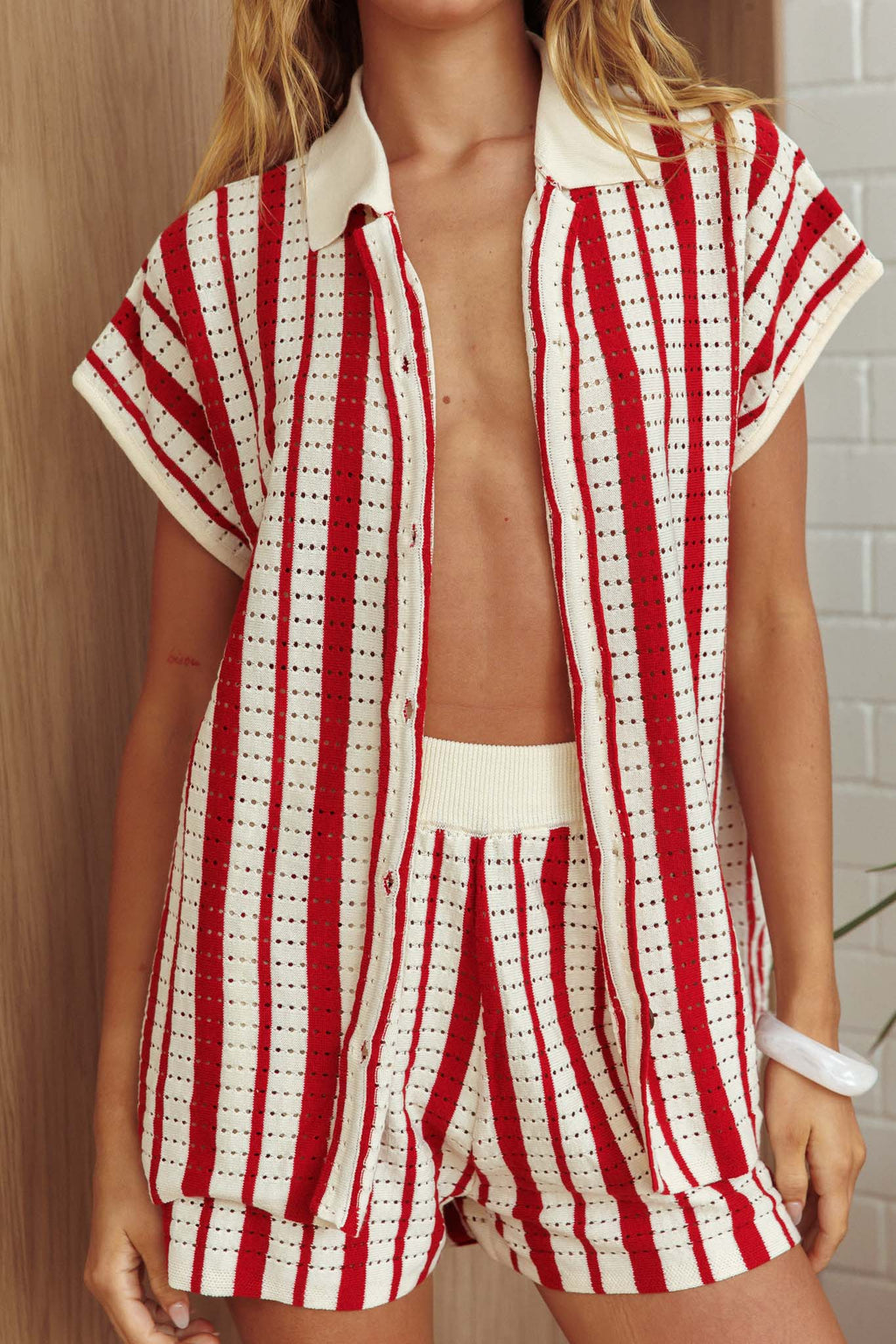 Influence Short Sleeve Knit Shirt Striped Red by Selfie Leslie