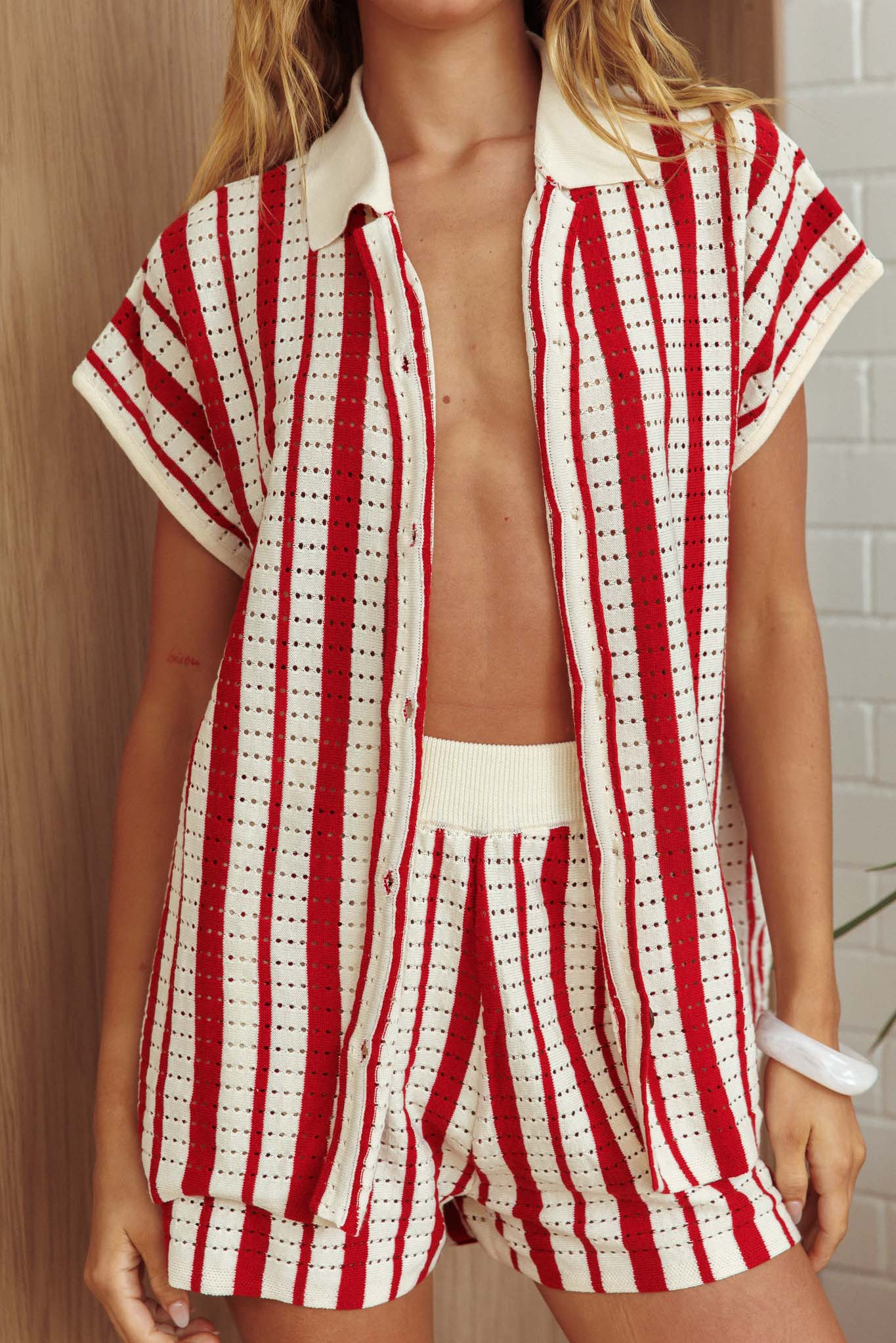 Influence Short Sleeve Knit Shirt Striped Red by Selfie Leslie
