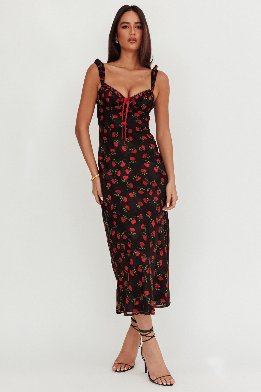 Femme Belle Ribbon Trim Maxi Dress Floral Black by Selfie Leslie