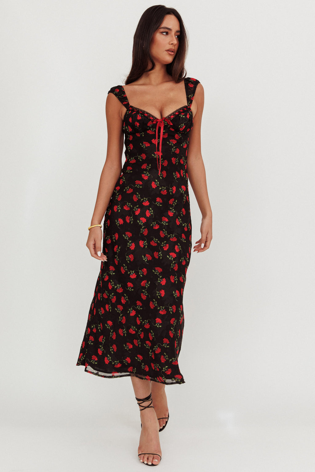 maxi dress with ribbon straps Femme Belle Ribbon Trim Maxi Dress Floral Black