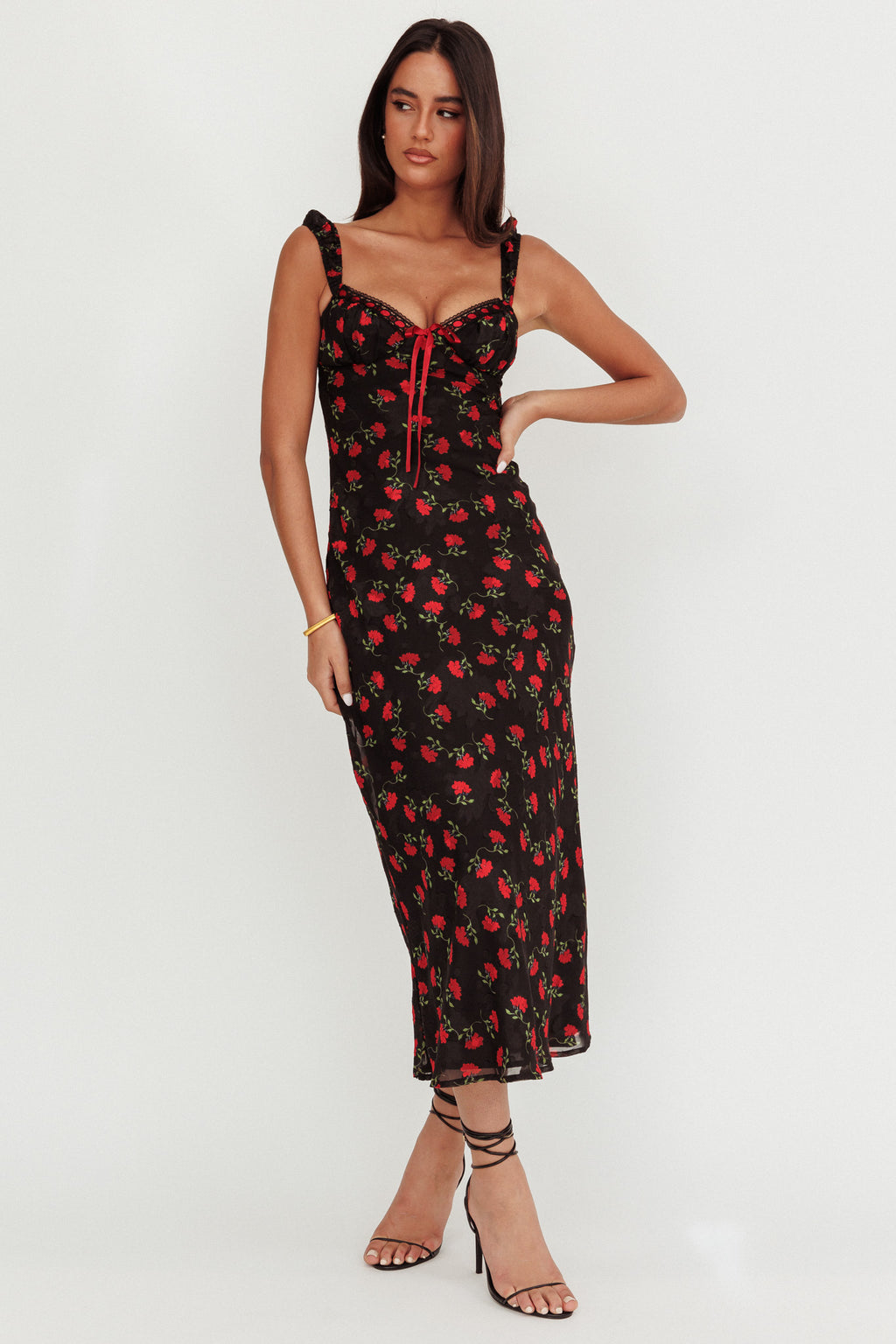 Femme Belle Ribbon Trim Maxi Dress Floral Black by Selfie Leslie