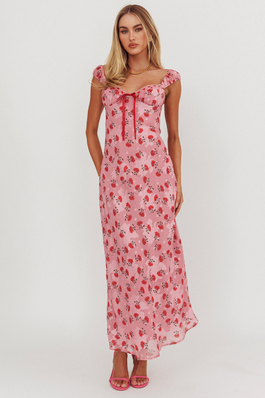 Femme Belle Ribbon Trim Maxi Dress Floral Pink by Selfie Leslie