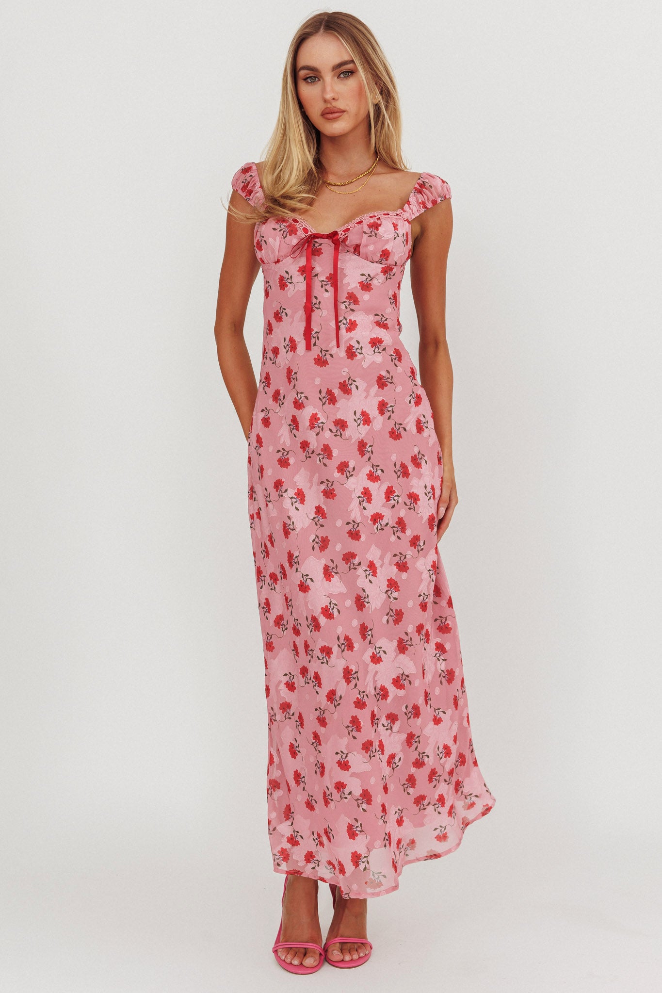 Femme Belle Ribbon Trim Maxi Dress Floral Pink by Selfie Leslie
