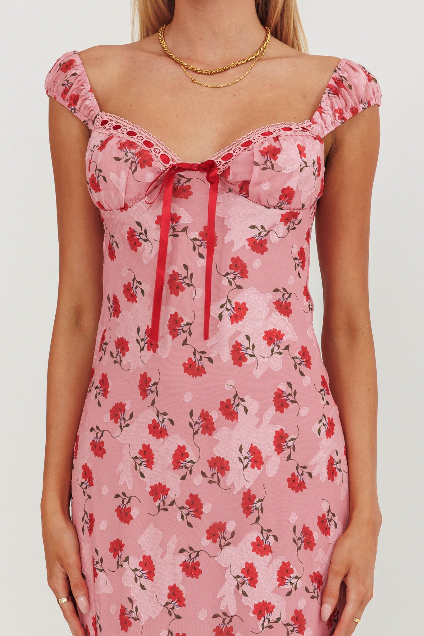 Femme Belle Ribbon Trim Maxi Dress Floral Pink - S
