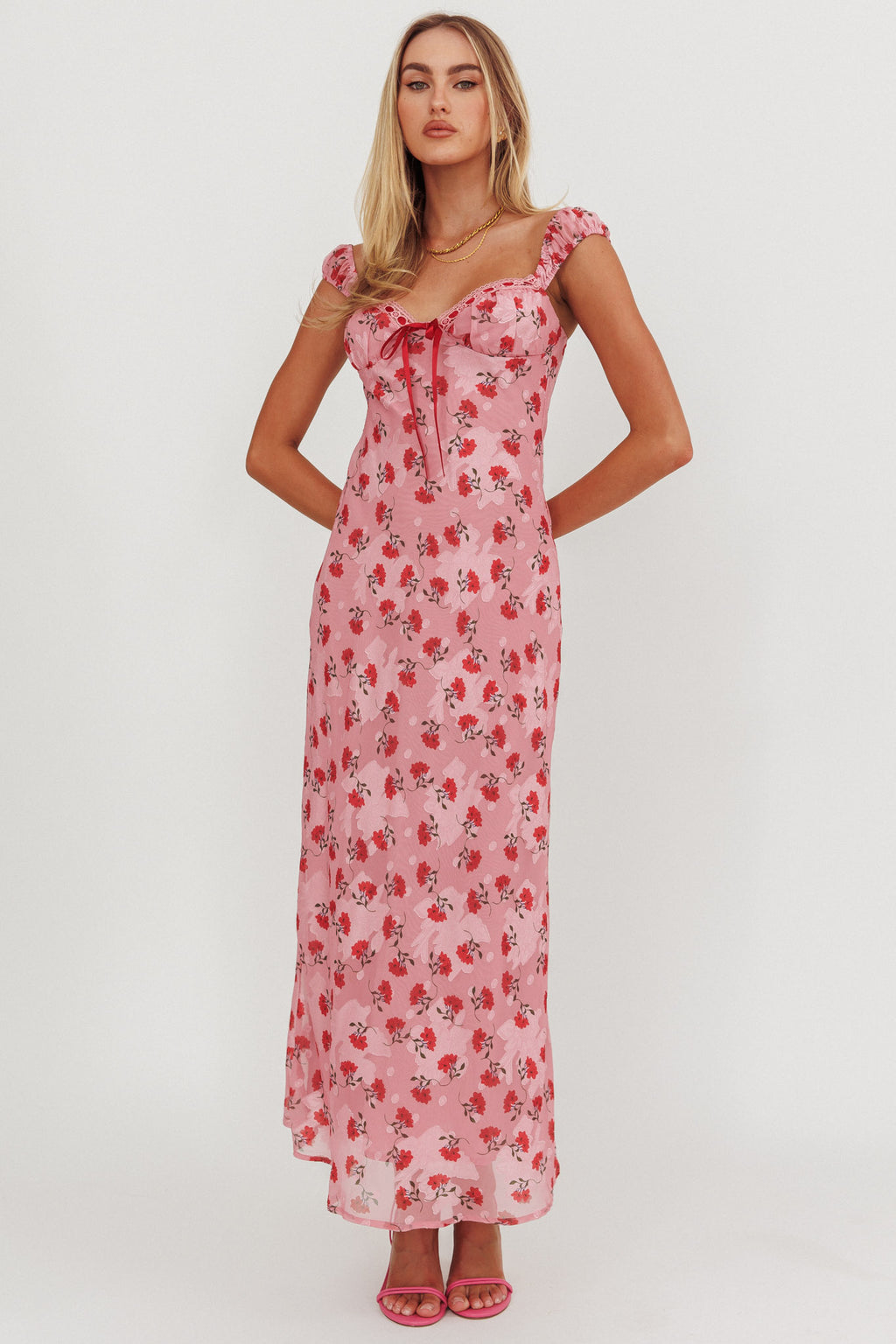 Femme Belle Ribbon Trim Maxi Dress Floral Pink - S Femme Belle Ribbon Trim Maxi Dress Floral Pink - S