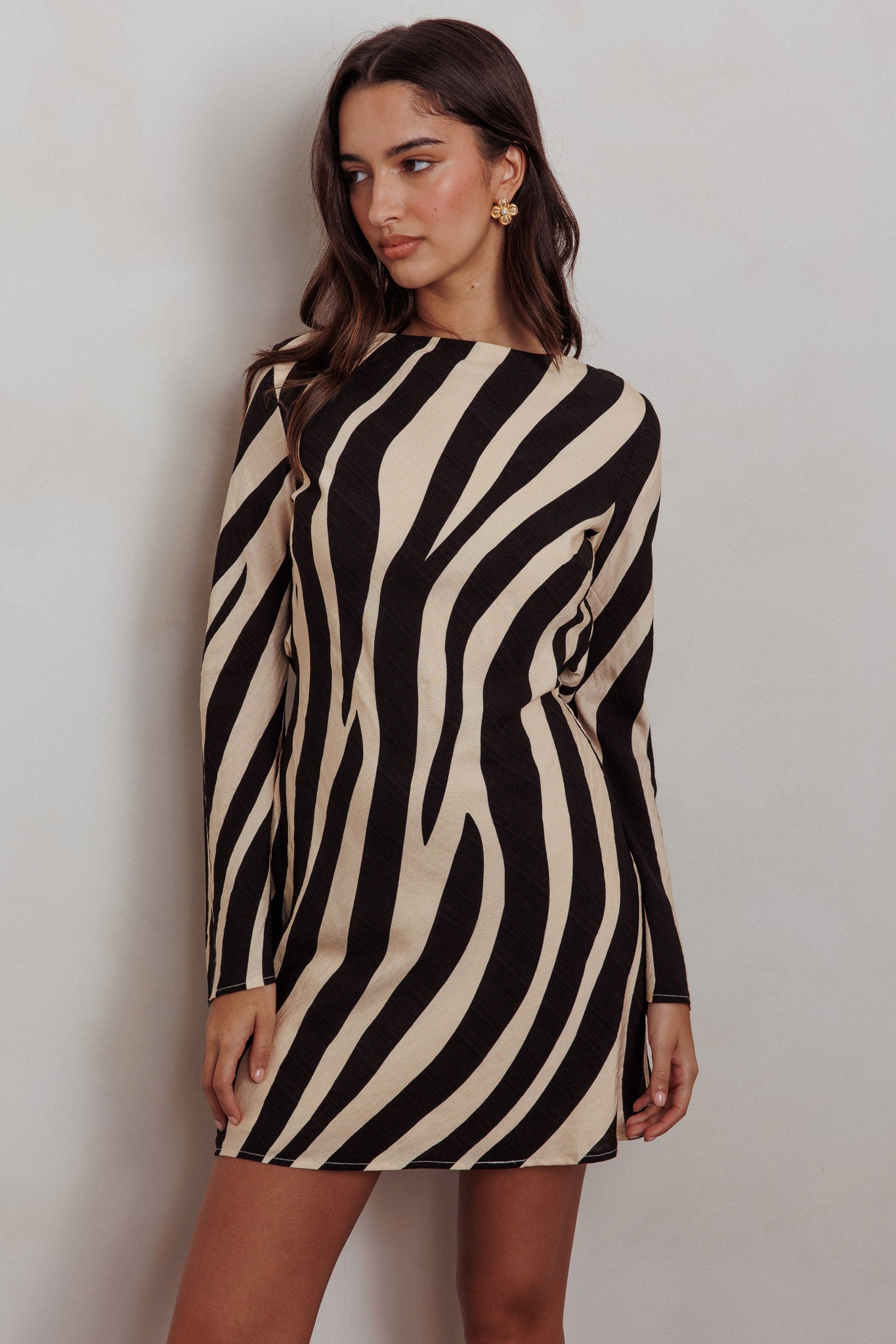 Shop the Thriller Long Sleeve Backless Mini Dress Zebra