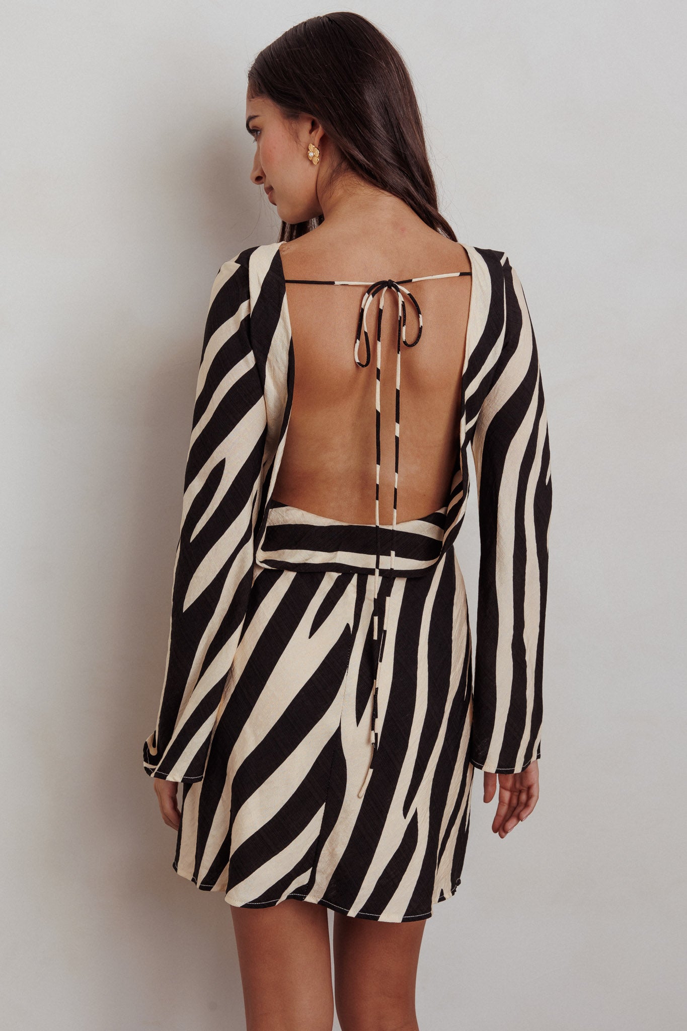 Thriller Long Sleeve Backless Mini Dress Zebra by Selfie Leslie