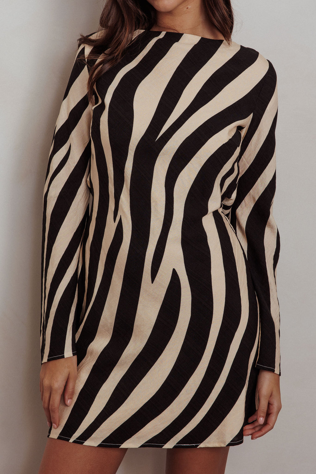 Thriller Long Sleeve Backless Mini Dress Zebra Thriller Long Sleeve Backless Mini Dress Zebra