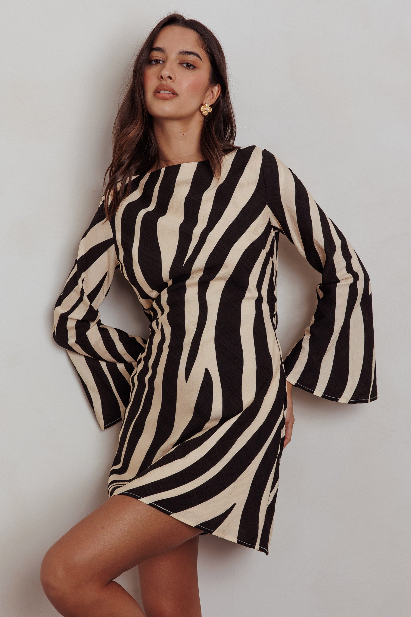 Thriller Long Sleeve Backless Mini Dress Zebra - XS Thriller Long Sleeve Backless Mini Dress Zebra - XS
