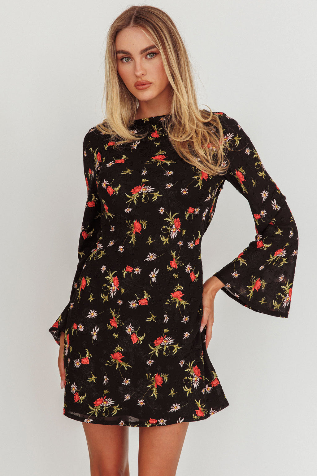 Thriller Long Sleeve Backless Mini Dress Floral Black by Selfie Leslie