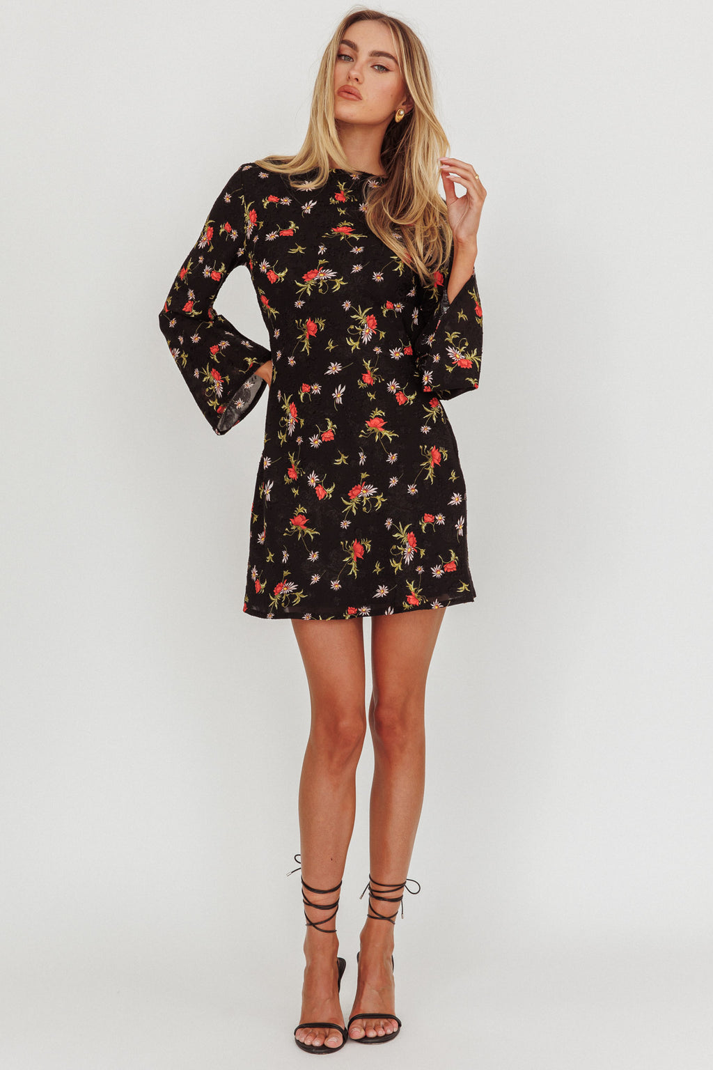 Thriller Long Sleeve Backless Mini Dress Floral Black by Selfie Leslie