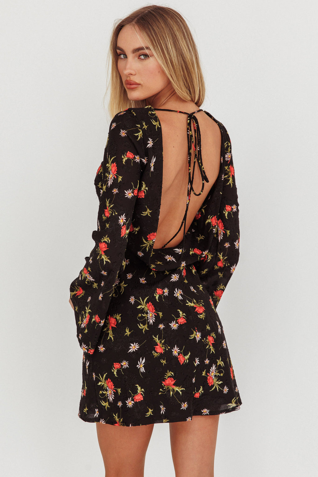 Thriller Long Sleeve Backless Mini Dress Floral Black by Selfie Leslie