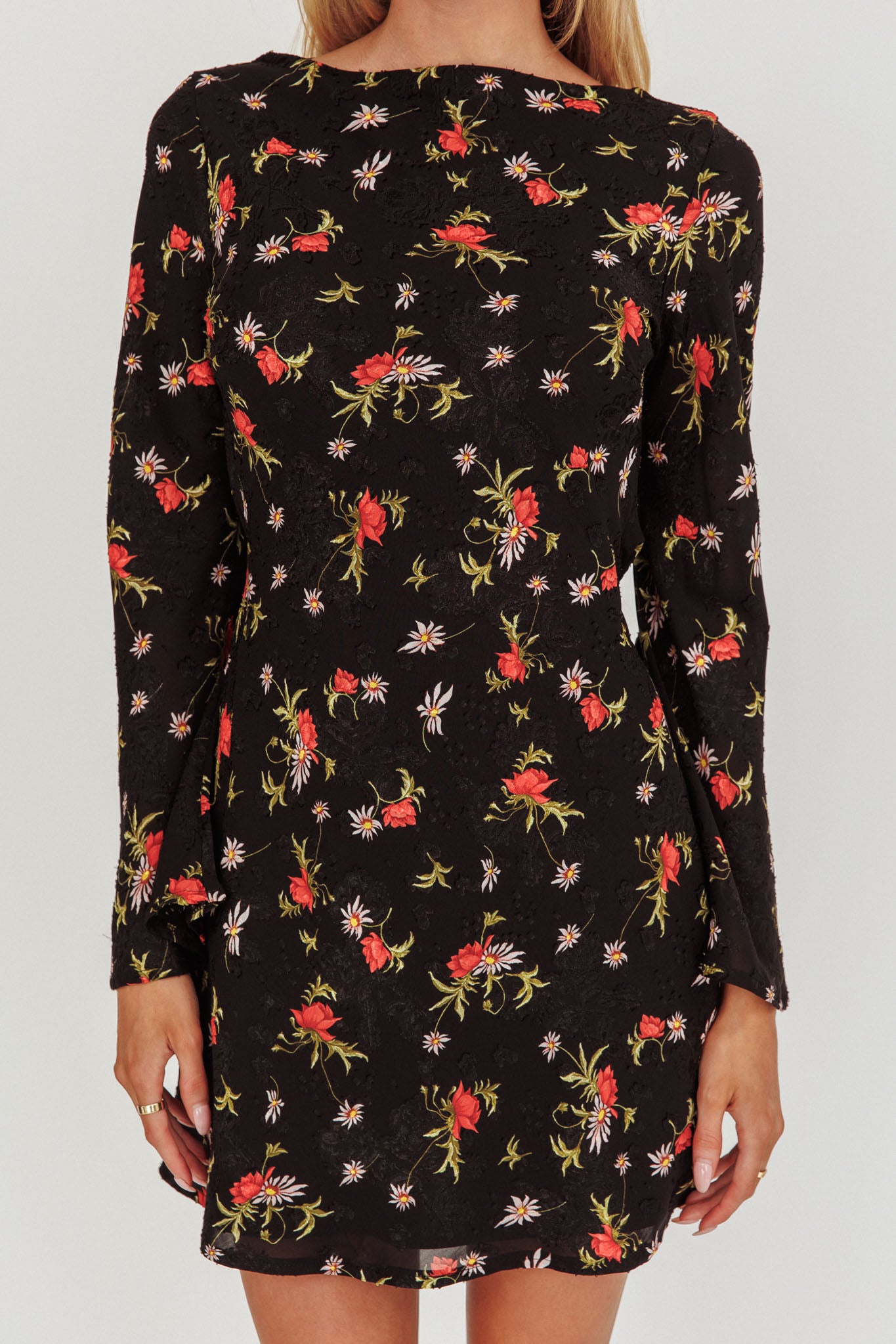 Thriller Long Sleeve Backless Mini Dress Floral Black - XL Thriller Long Sleeve Backless Mini Dress Floral Black - XL