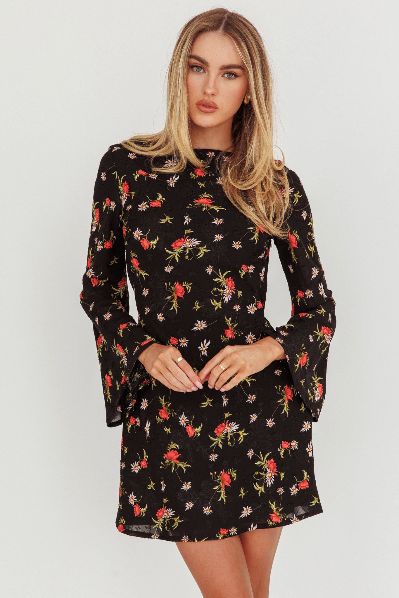 Thriller Long Sleeve Backless Mini Dress Floral Black by Selfie Leslie