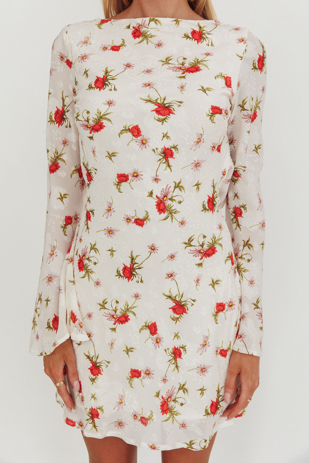 Thriller Long Sleeve Backless Mini Dress Floral White by Selfie Leslie