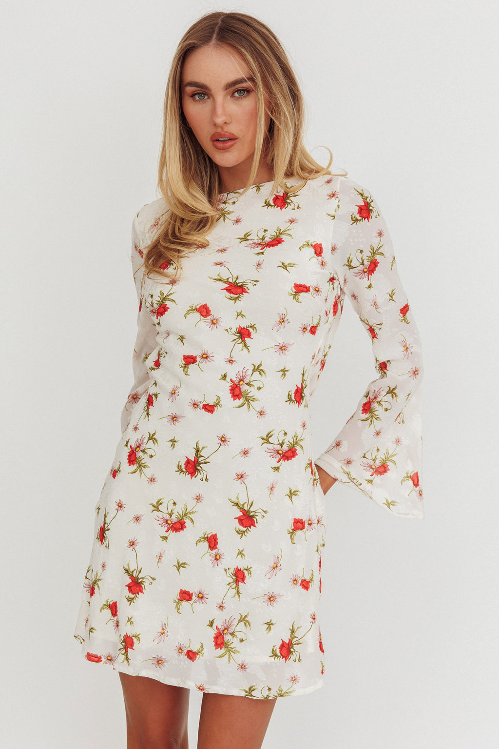 Thriller Long Sleeve Backless Mini Dress Floral White by Selfie Leslie