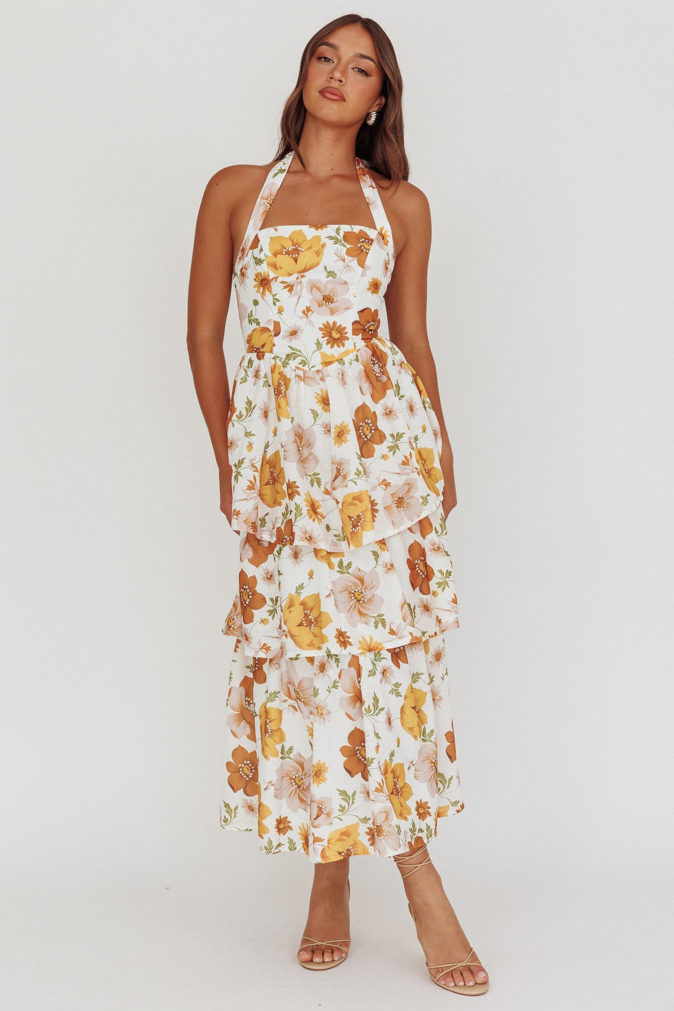yellow ruffle maxi dress Shaya Tiered Ruffle Maxi Dress Floral Yellow