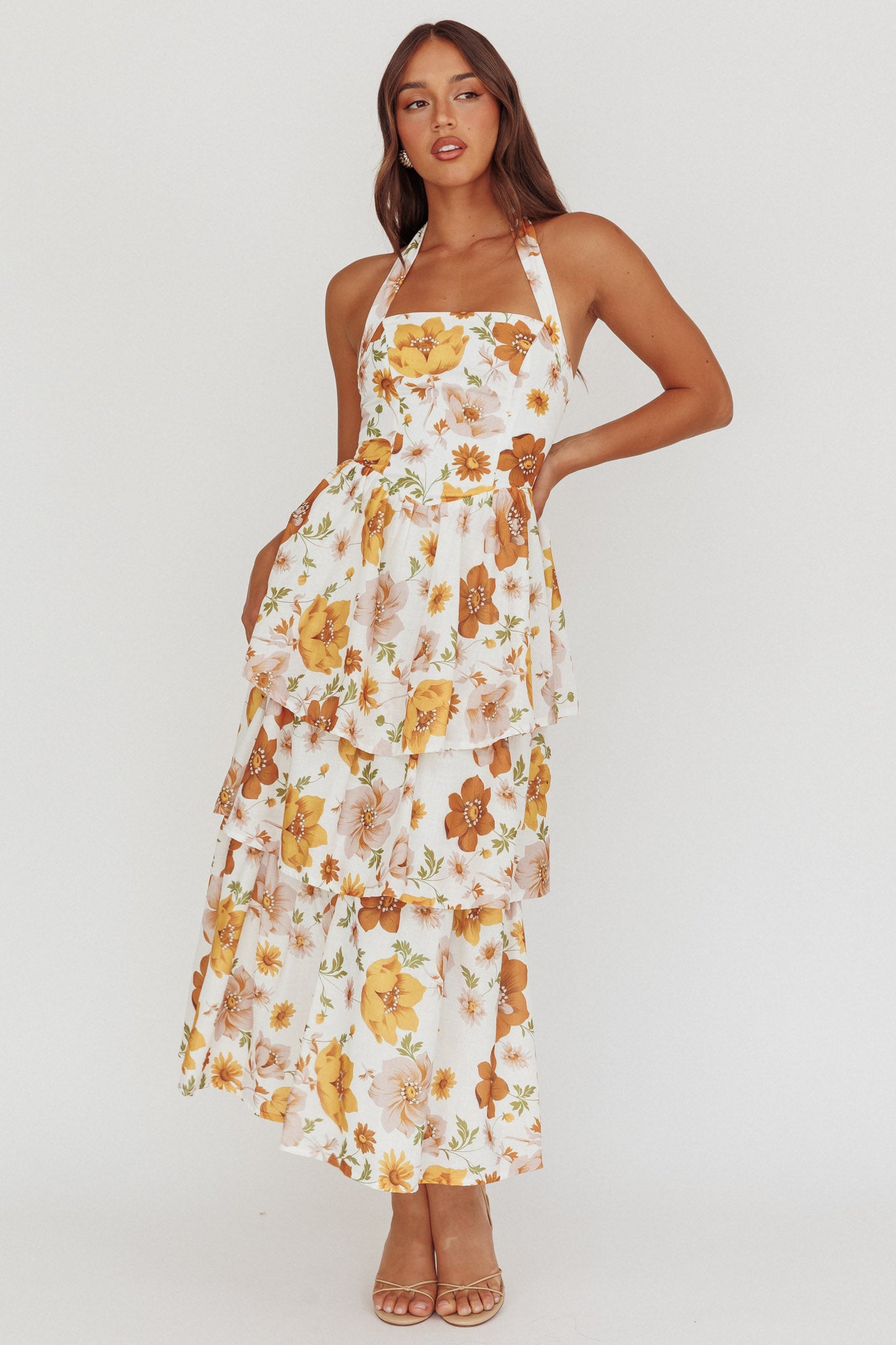 Shaya Tiered Ruffle Maxi Dress Floral Yellow by Selfie Leslie