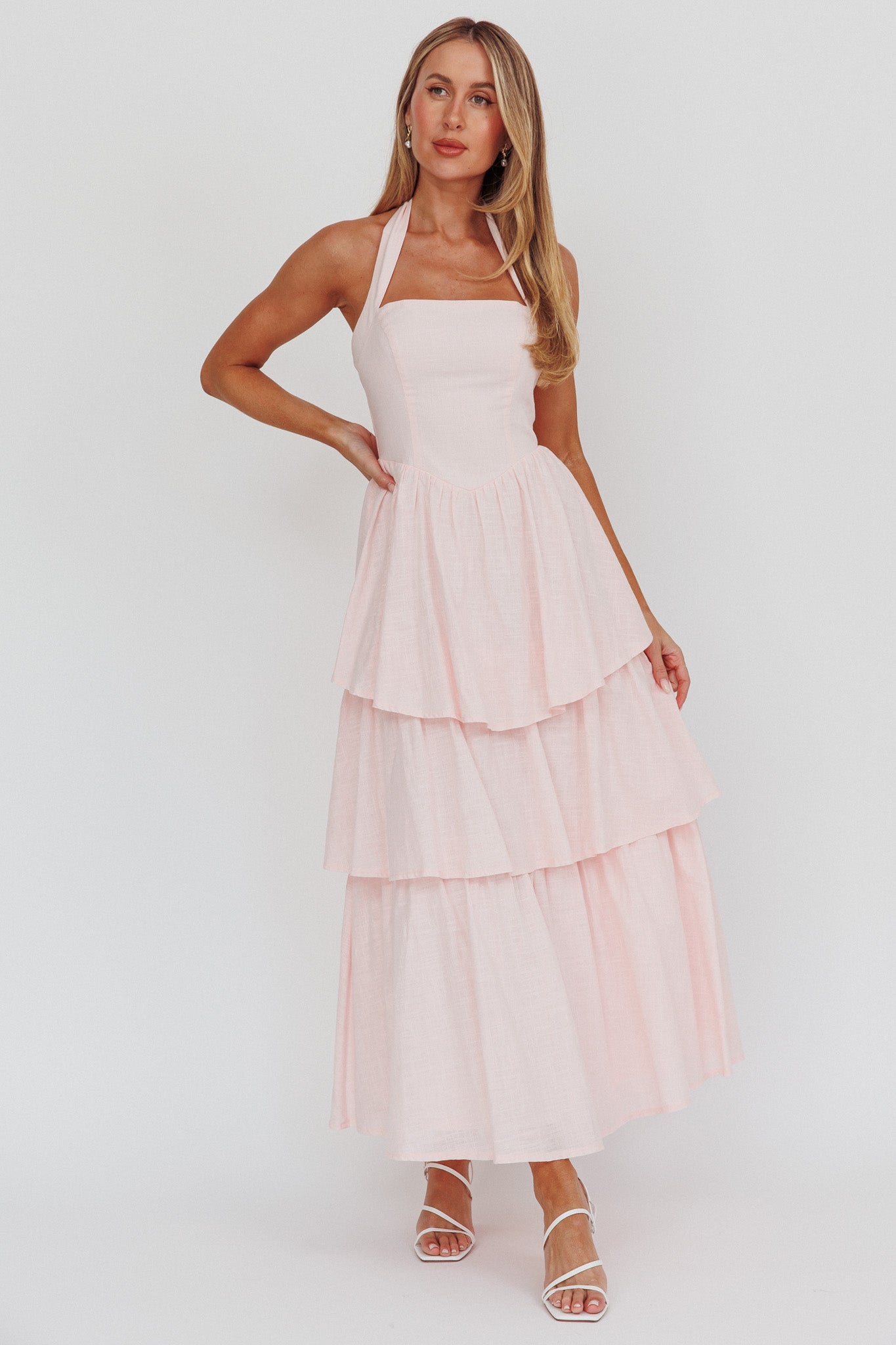 Shaya Tiered Ruffle Maxi Dress Pink by Selfie Leslie