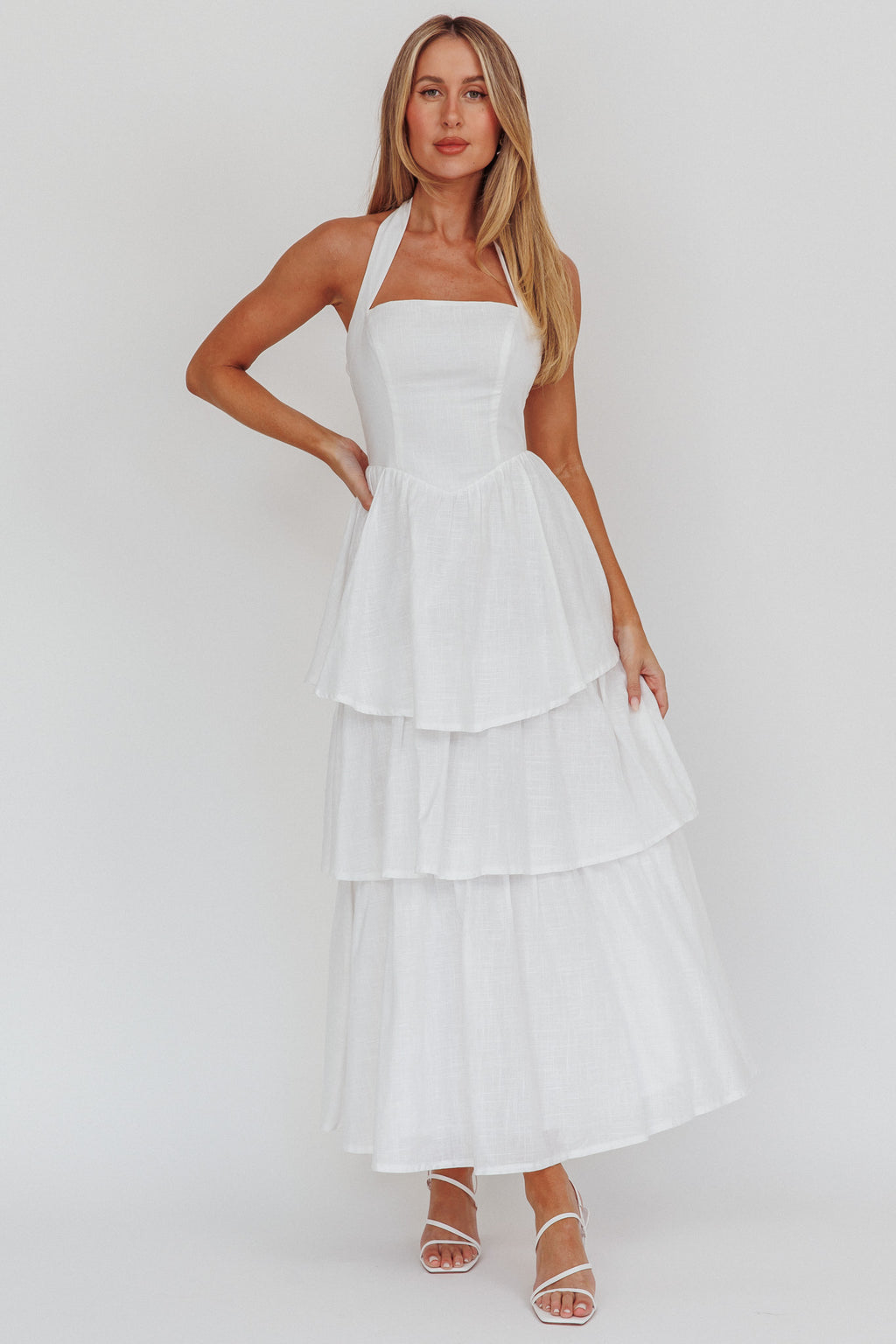 Shaya Tiered Ruffle Maxi Dress White by Selfie Leslie