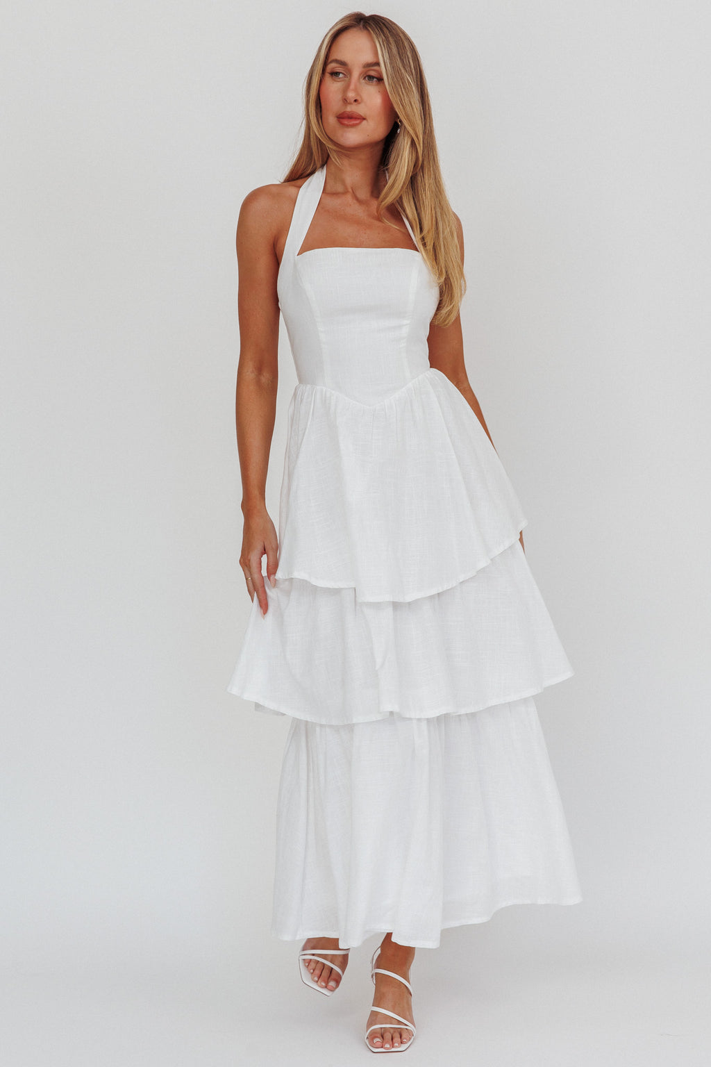 Shaya Tiered Ruffle Maxi Dress White by Selfie Leslie