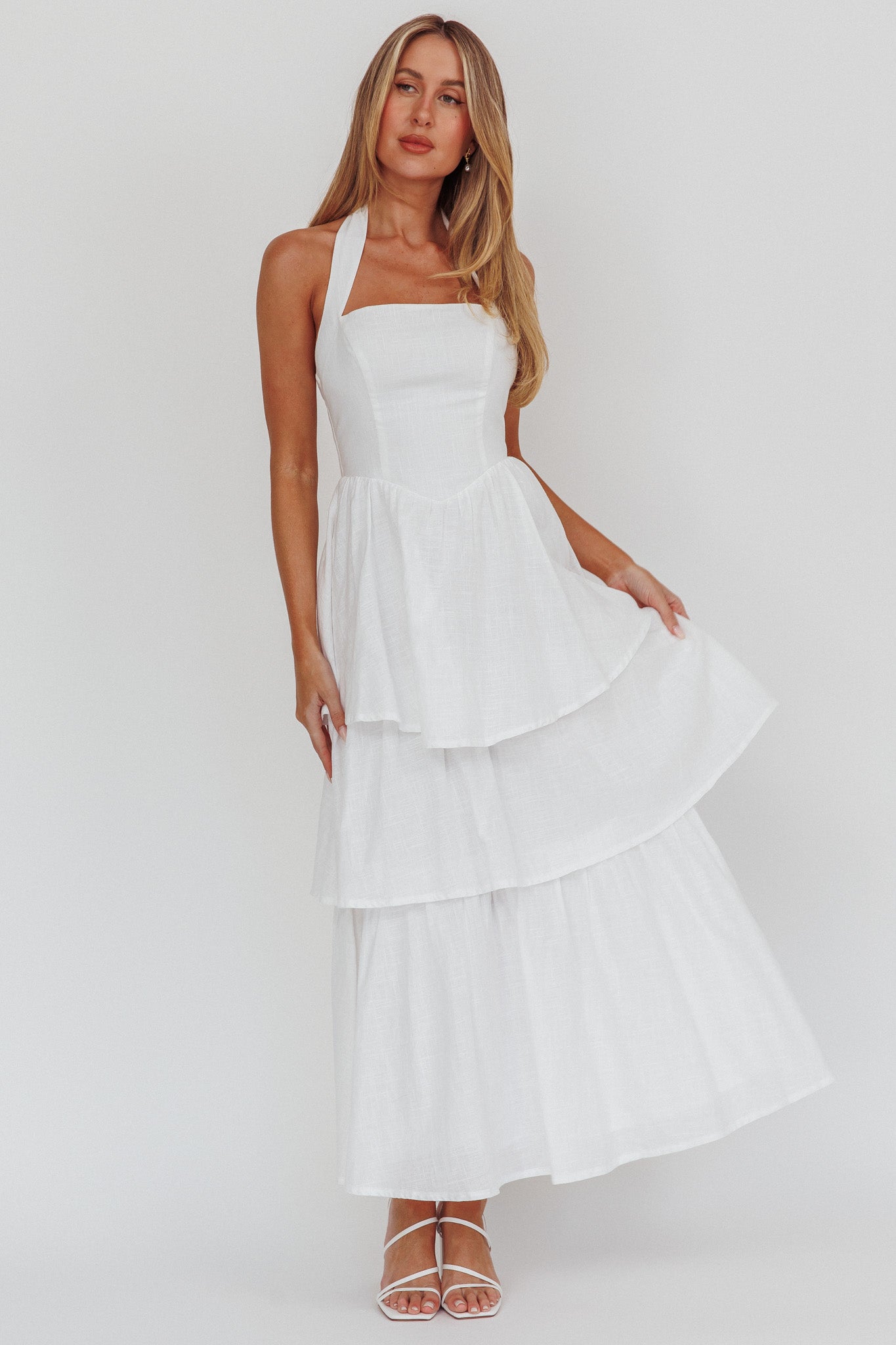Shaya Tiered Ruffle Maxi Dress White by Selfie Leslie