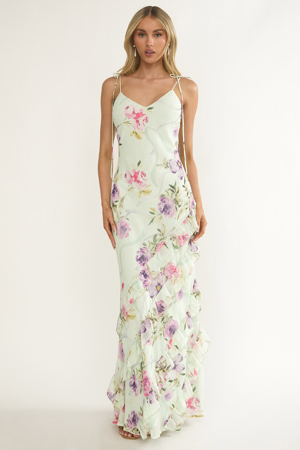 Dreamy Day Ruffle Trim Maxi Dress Mint Floral by Selfie Leslie